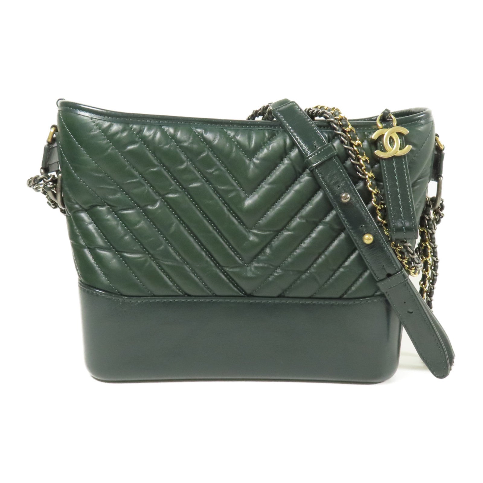 CHANEL CC Gabrielle Medium Chain Shoulder Bag Calfskin Leather Green