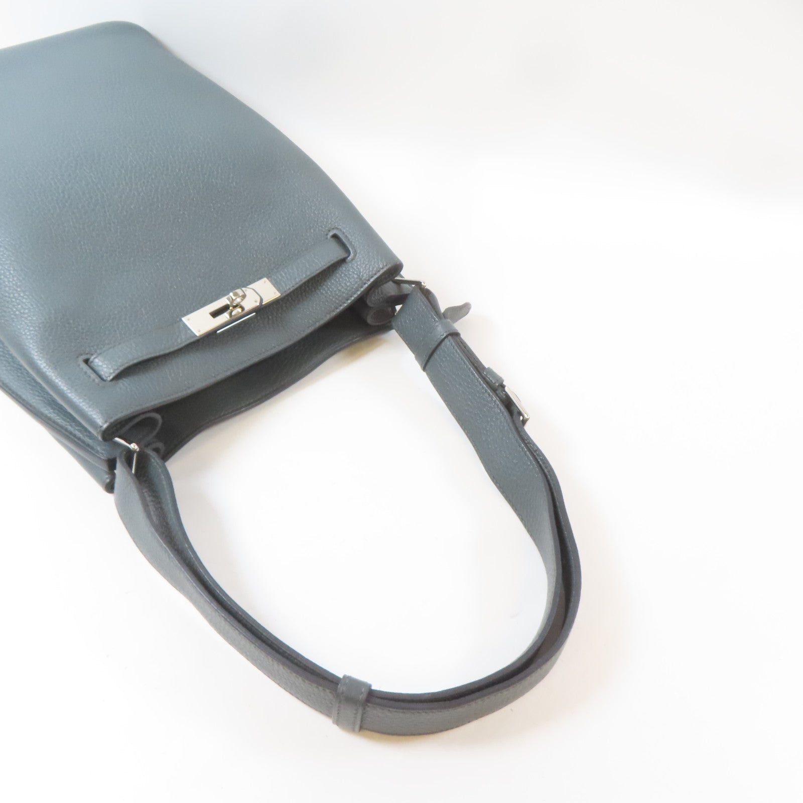 HERMES Clemence皮革So Kelly Bag22銀扣肩背袋Bleu Orage/灰藍色