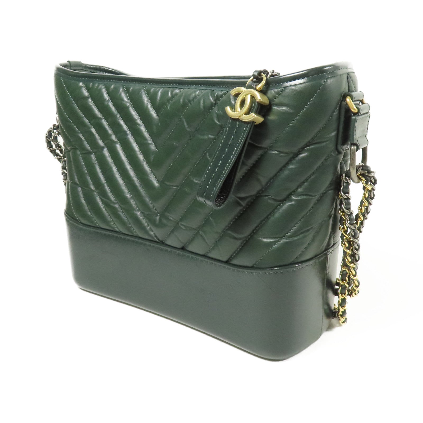 CHANEL CC Gabrielle Medium Chain Shoulder Bag Calfskin Leather Green