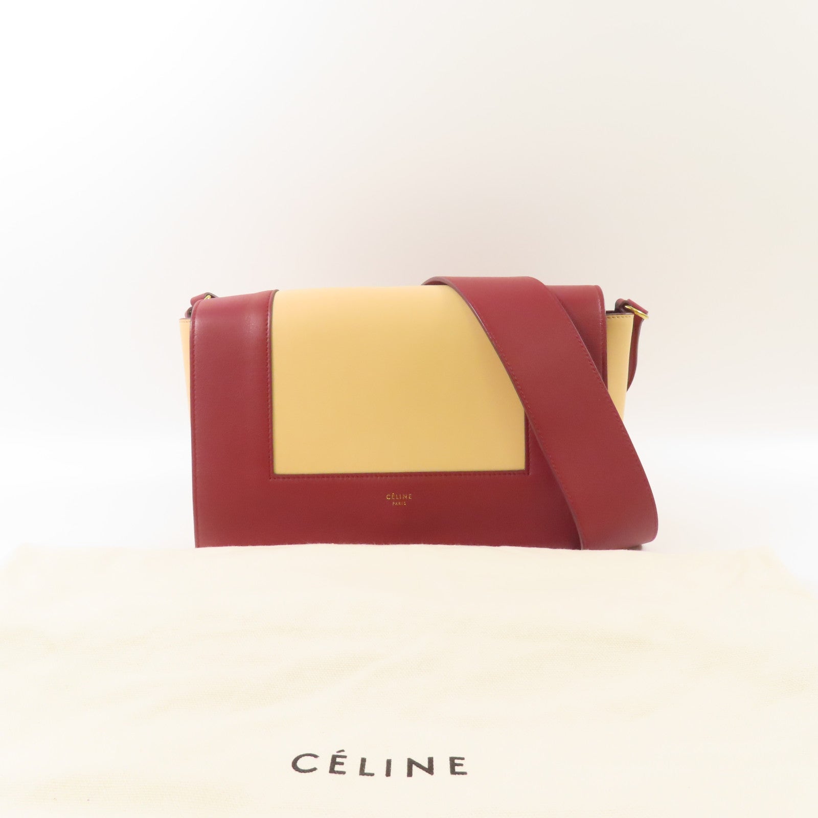 CELINE 羊皮皮革Shoulder Bag金扣肩背袋杏色/紅色
