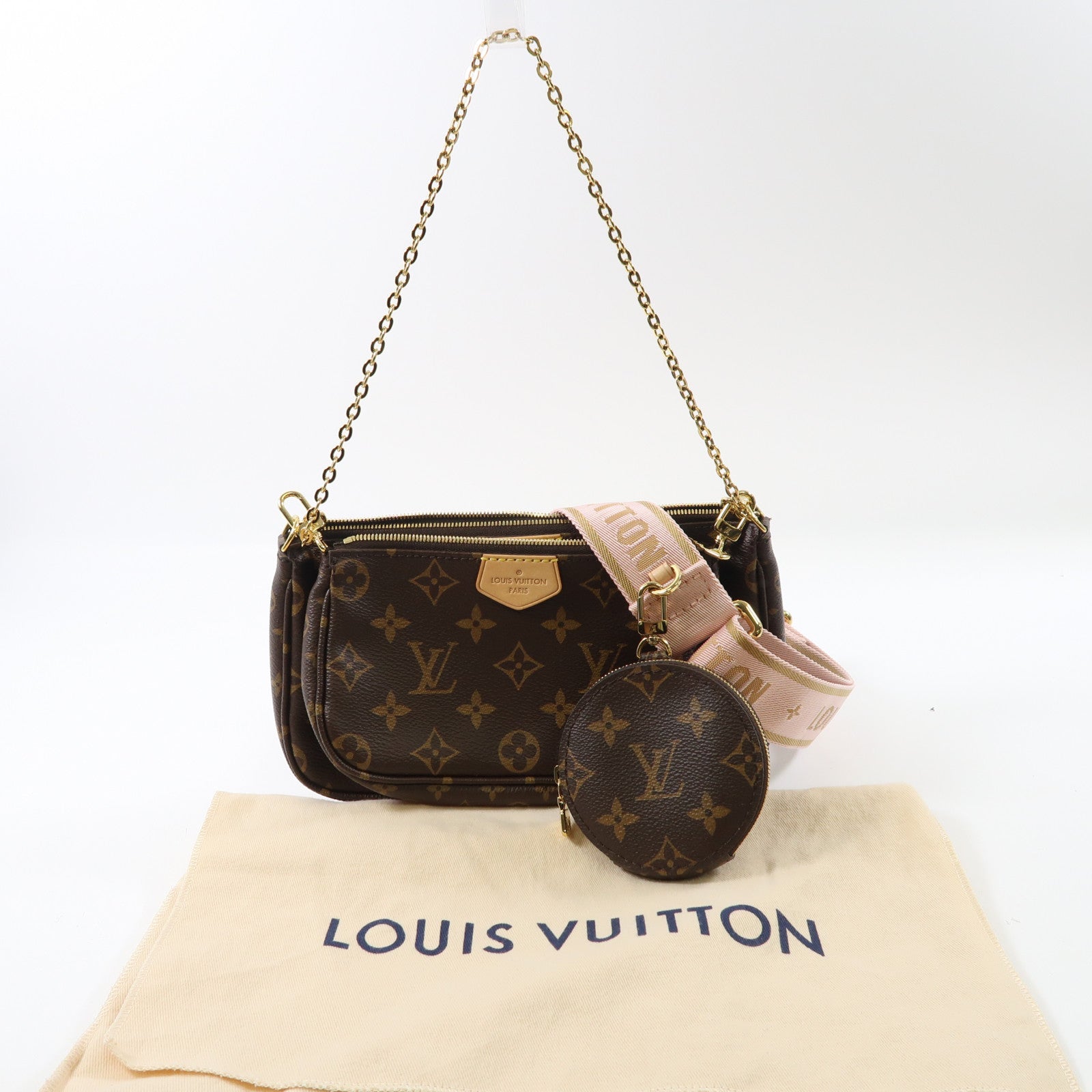 LOUIS VUITTON Monogram Multi Pochette Accessoires金扣手挽肩背兩用袋棕色
