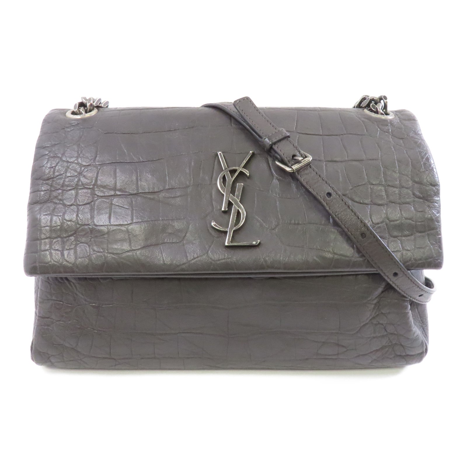 SAINT LAURENT 牛皮皮革Chain Shoulder銀扣鏈帶肩背袋灰色