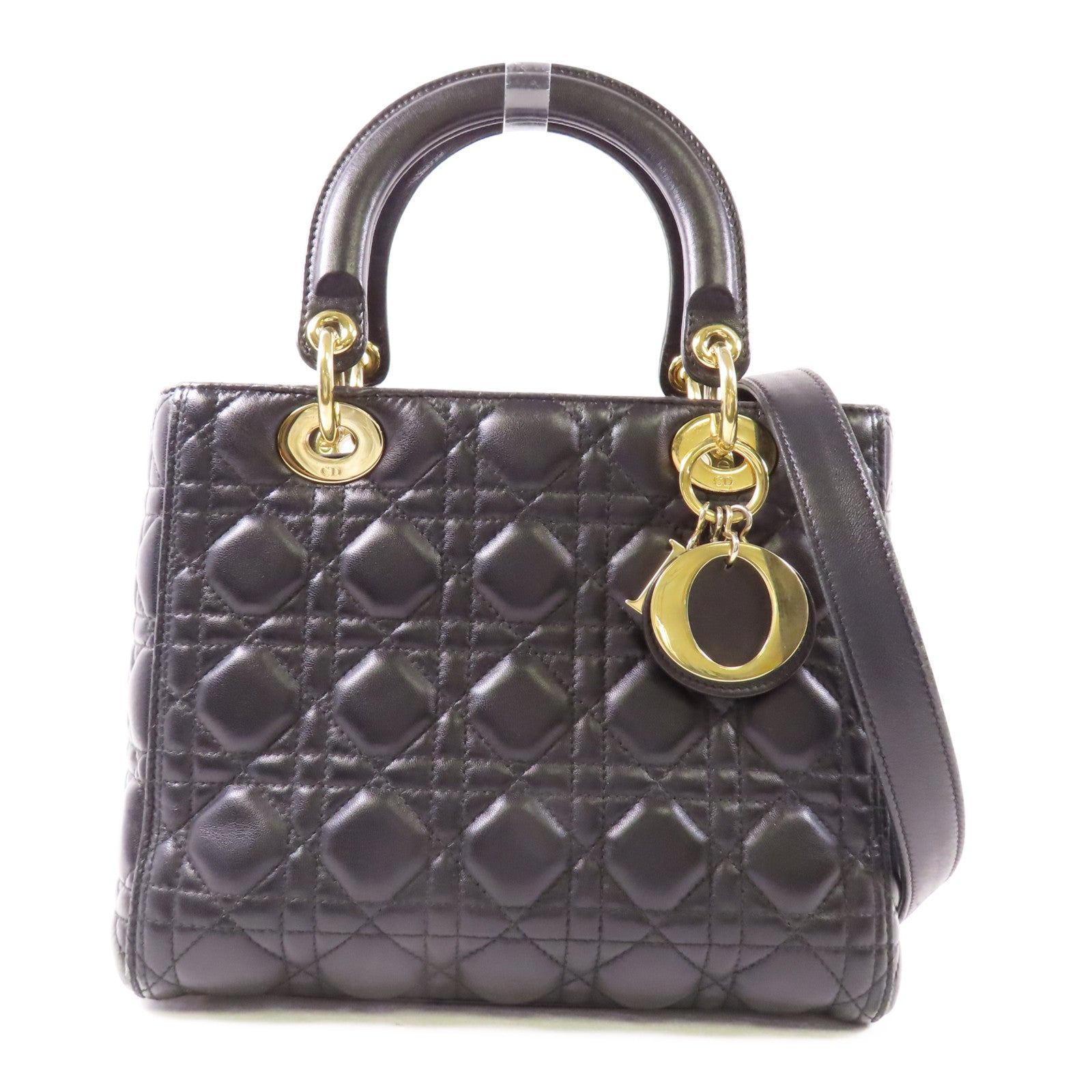 Dior CD GHW Lady Dior 2 Way Shoulder Handbag Lambskin Leather Black