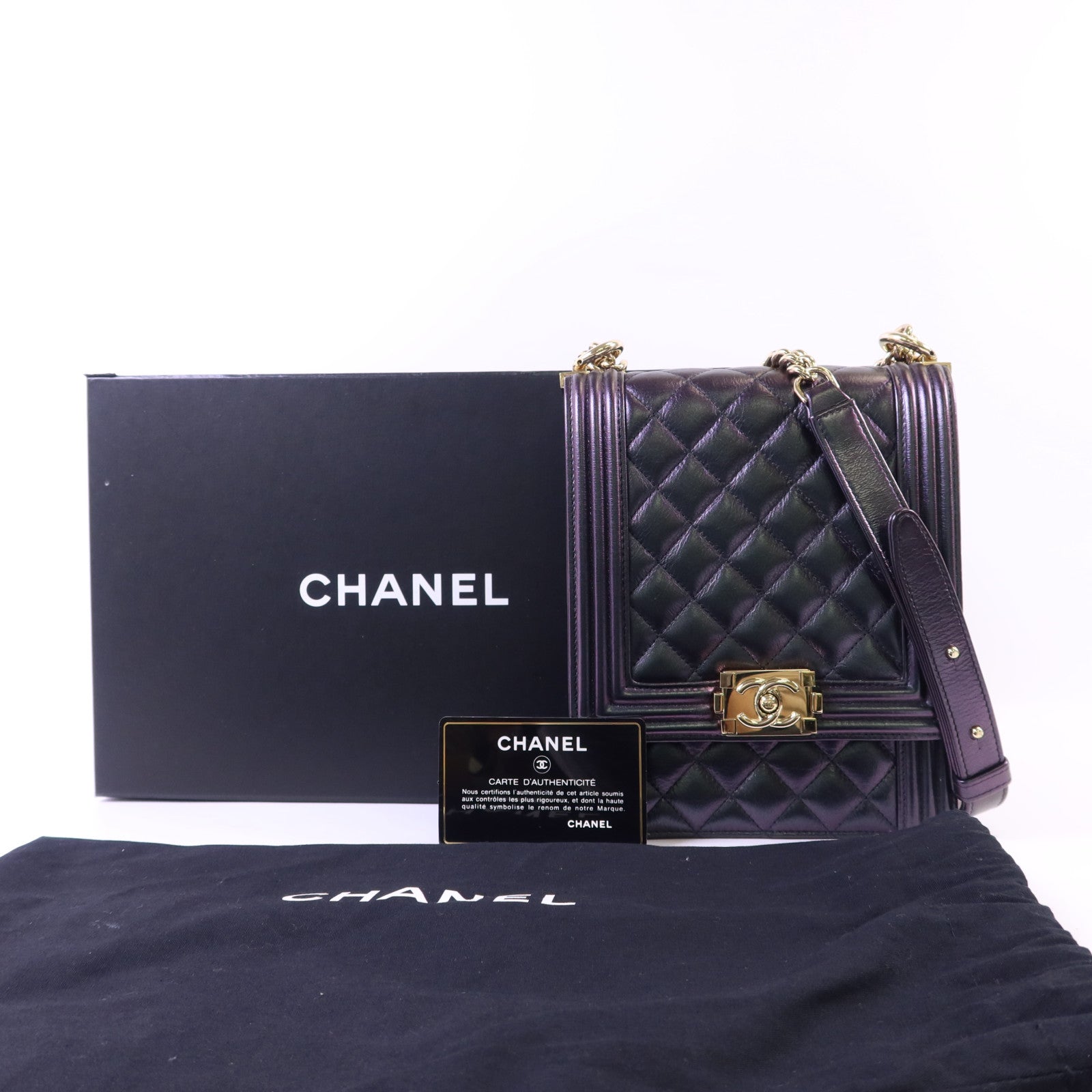 CHANEL 牛皮皮革Boy Chanel North South金扣鏈帶肩背袋