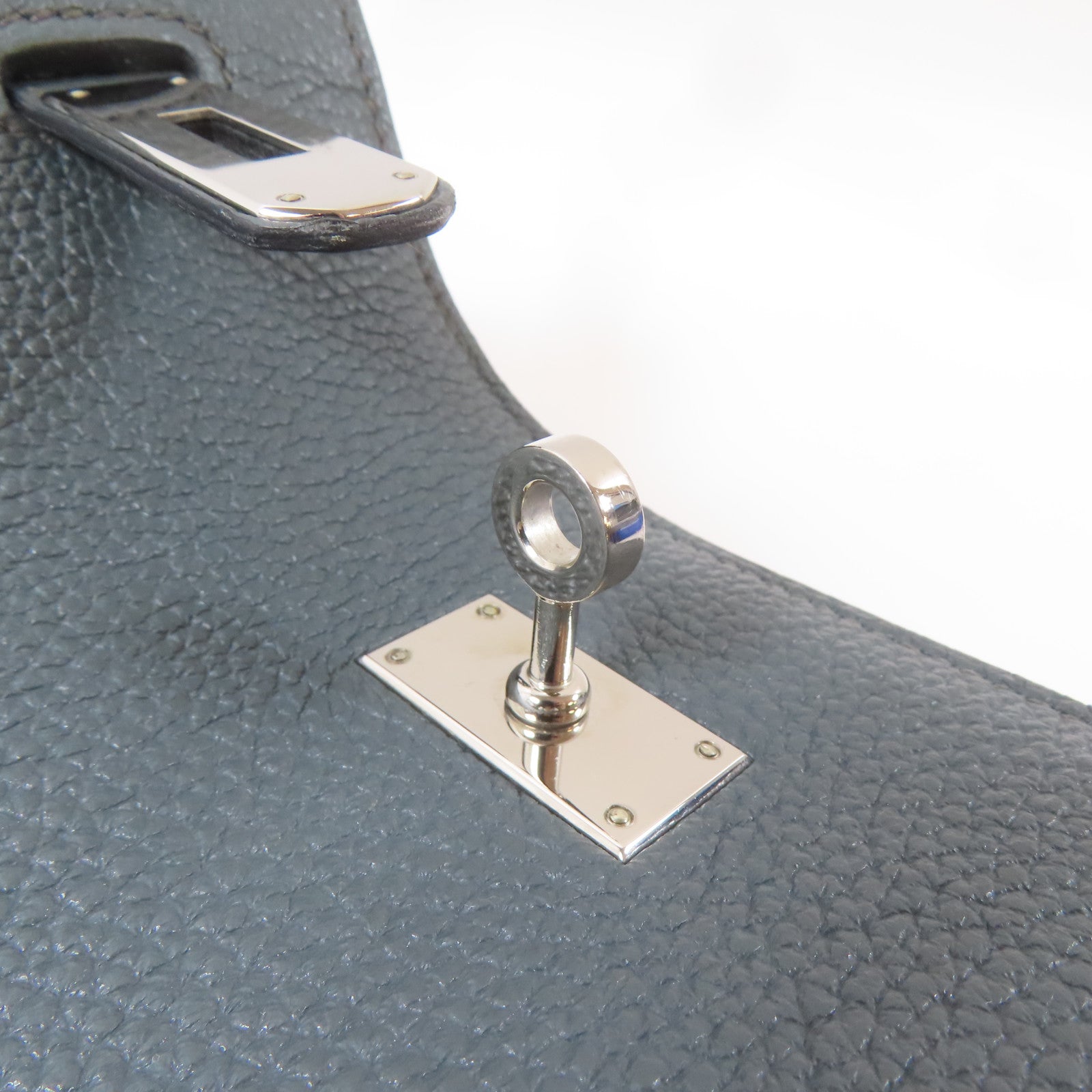 HERMES Clemence皮革So Kelly Bag22銀扣肩背袋Bleu Orage/灰藍色