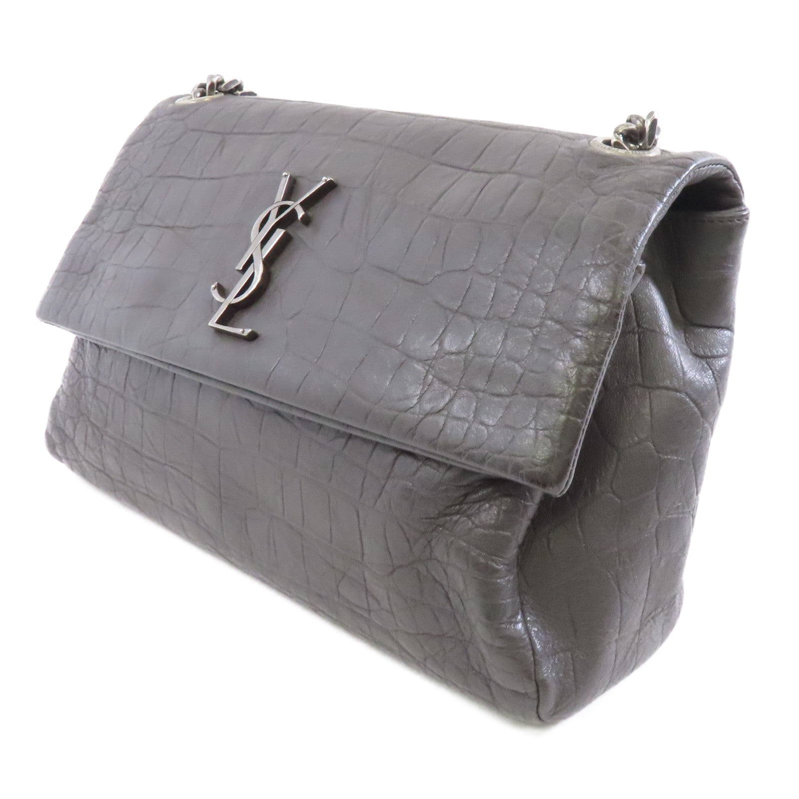 SAINT LAURENT 牛皮皮革Chain Shoulder銀扣鏈帶肩背袋灰色