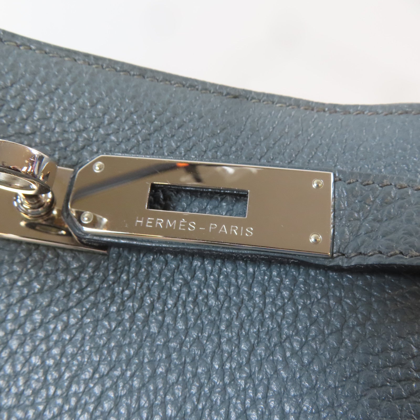 HERMES Clemence皮革So Kelly Bag22銀扣肩背袋Bleu Orage/灰藍色