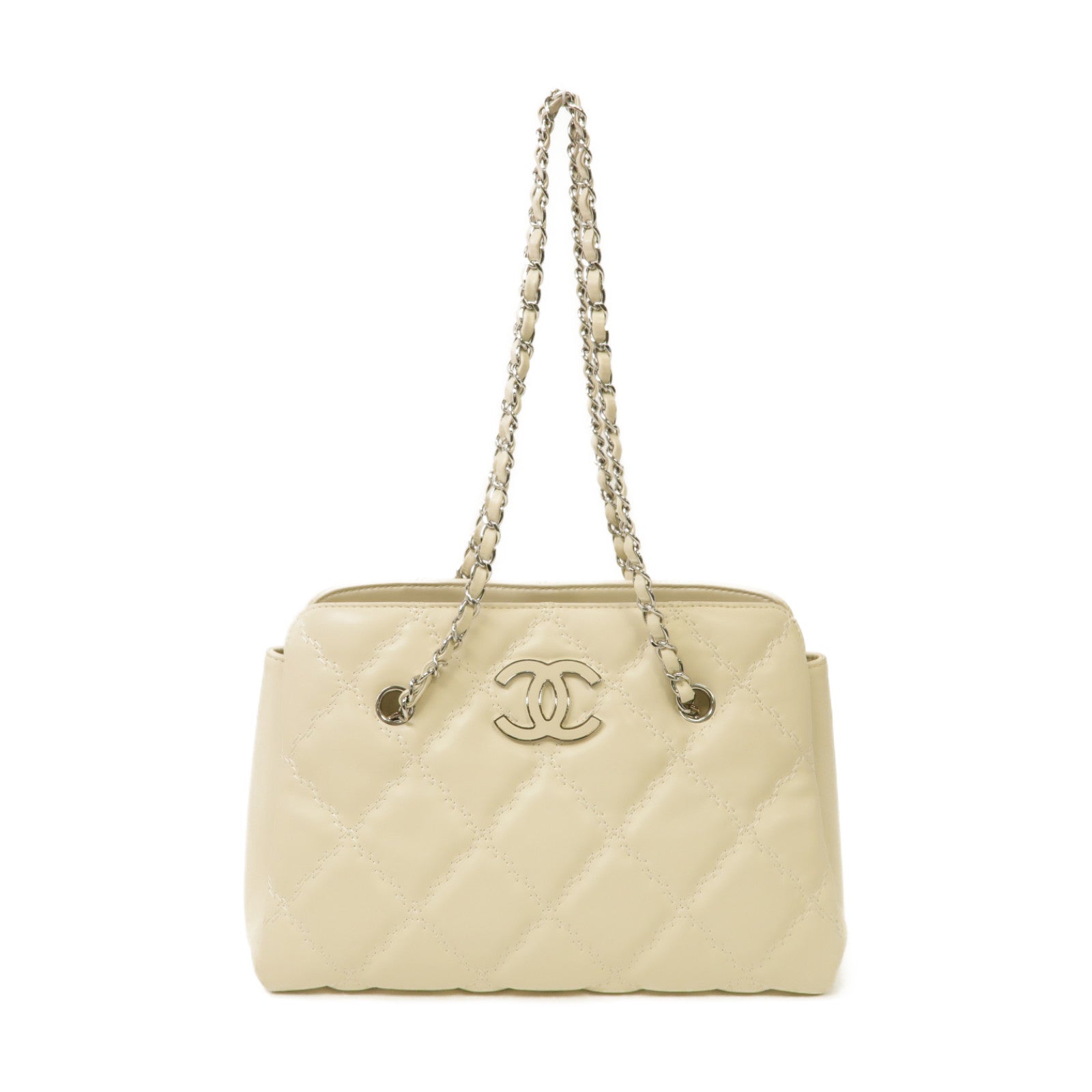 CHANEL 菱格牛皮皮革Chain Shoulder Bag銀扣鏈帶肩背袋白色