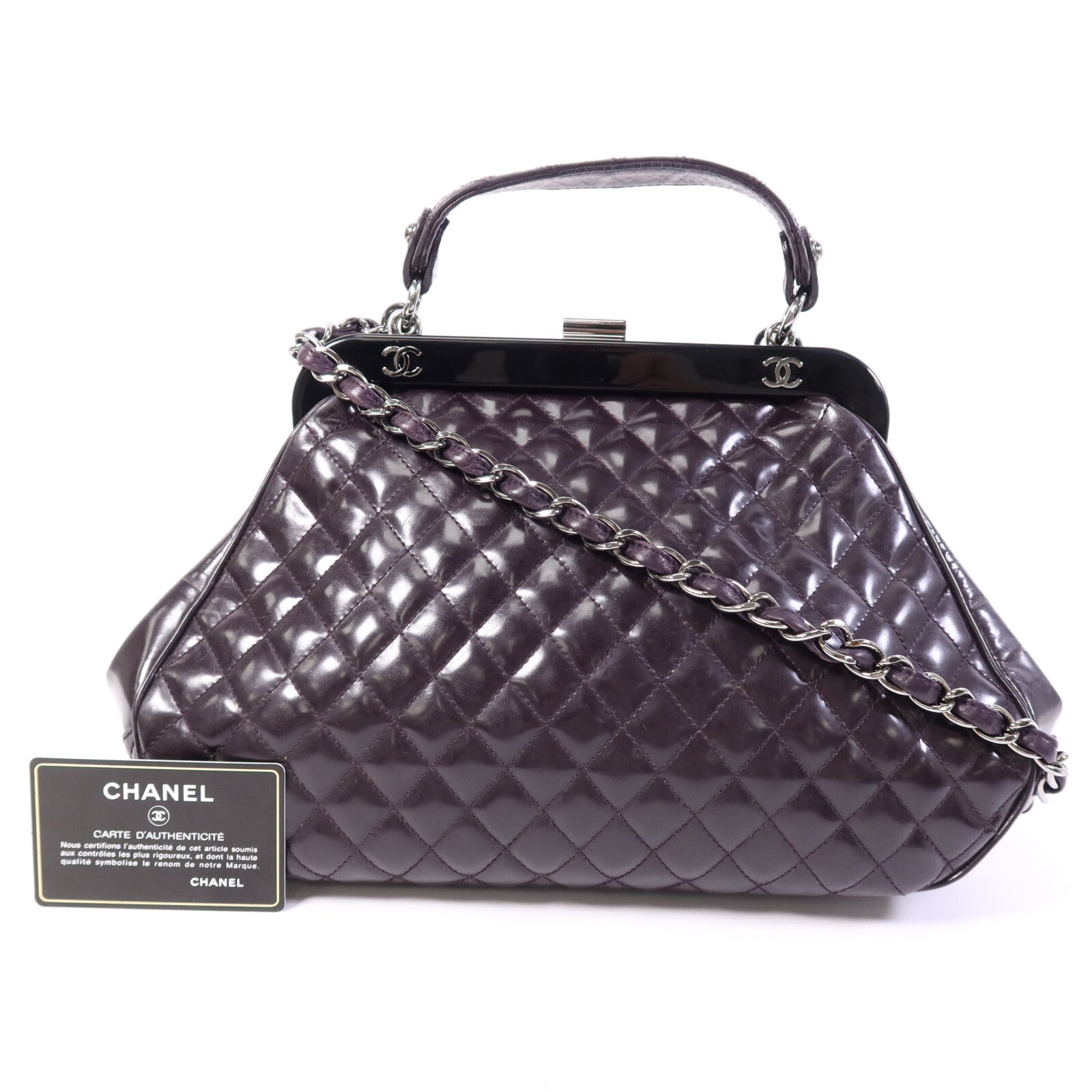 CHANEL 漆皮皮革Chain Shoulder Bag銀扣鏈帶手挽肩背兩用袋