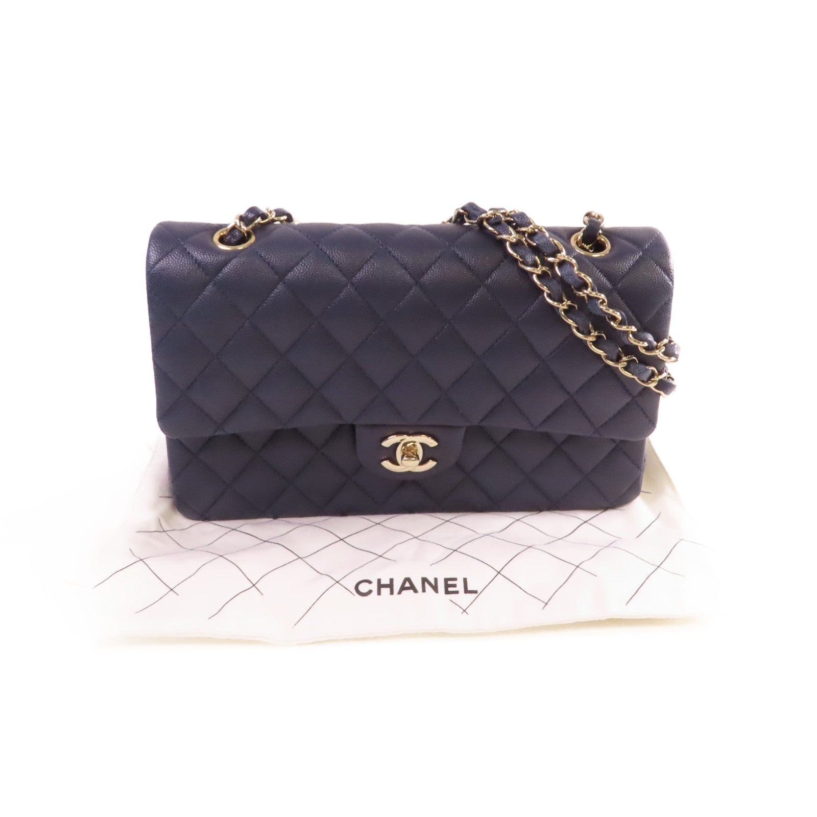 CHANEL 菱格Caviar皮革 Classic Flap 25 Chain Shoulder Bag金扣鏈帶肩背袋寶藍色