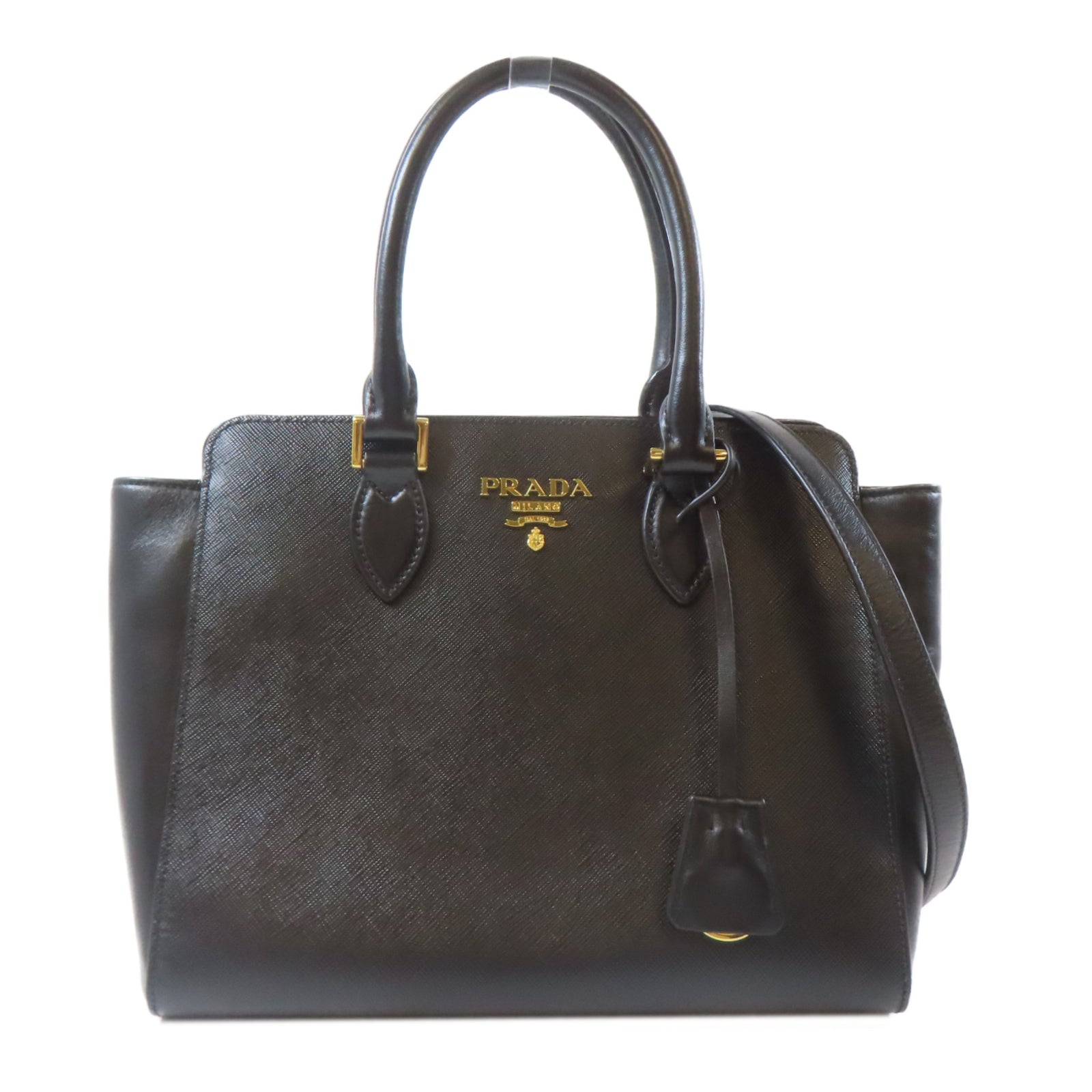 PRADA Saffiano皮革2 Way Shoulder金扣手挽肩背兩用袋黑色