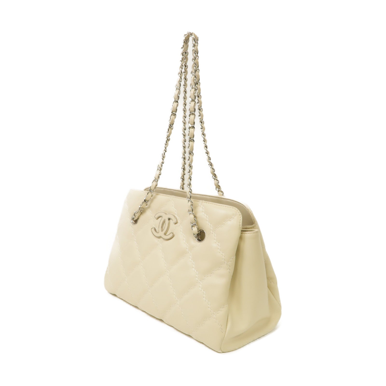 CHANEL 菱格牛皮皮革Chain Shoulder Bag銀扣鏈帶肩背袋白色
