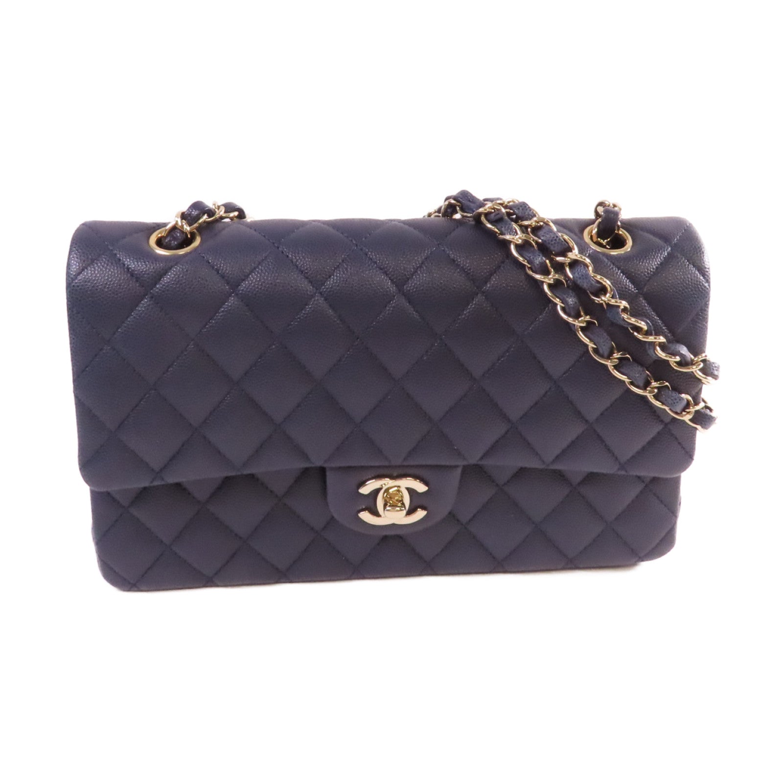 CHANEL 菱格Caviar皮革 Classic Flap 25 Chain Shoulder Bag金扣鏈帶肩背袋寶藍色