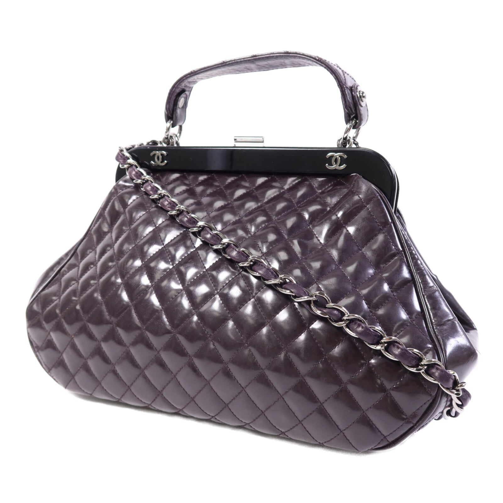 CHANEL 漆皮皮革Chain Shoulder Bag銀扣鏈帶手挽肩背兩用袋