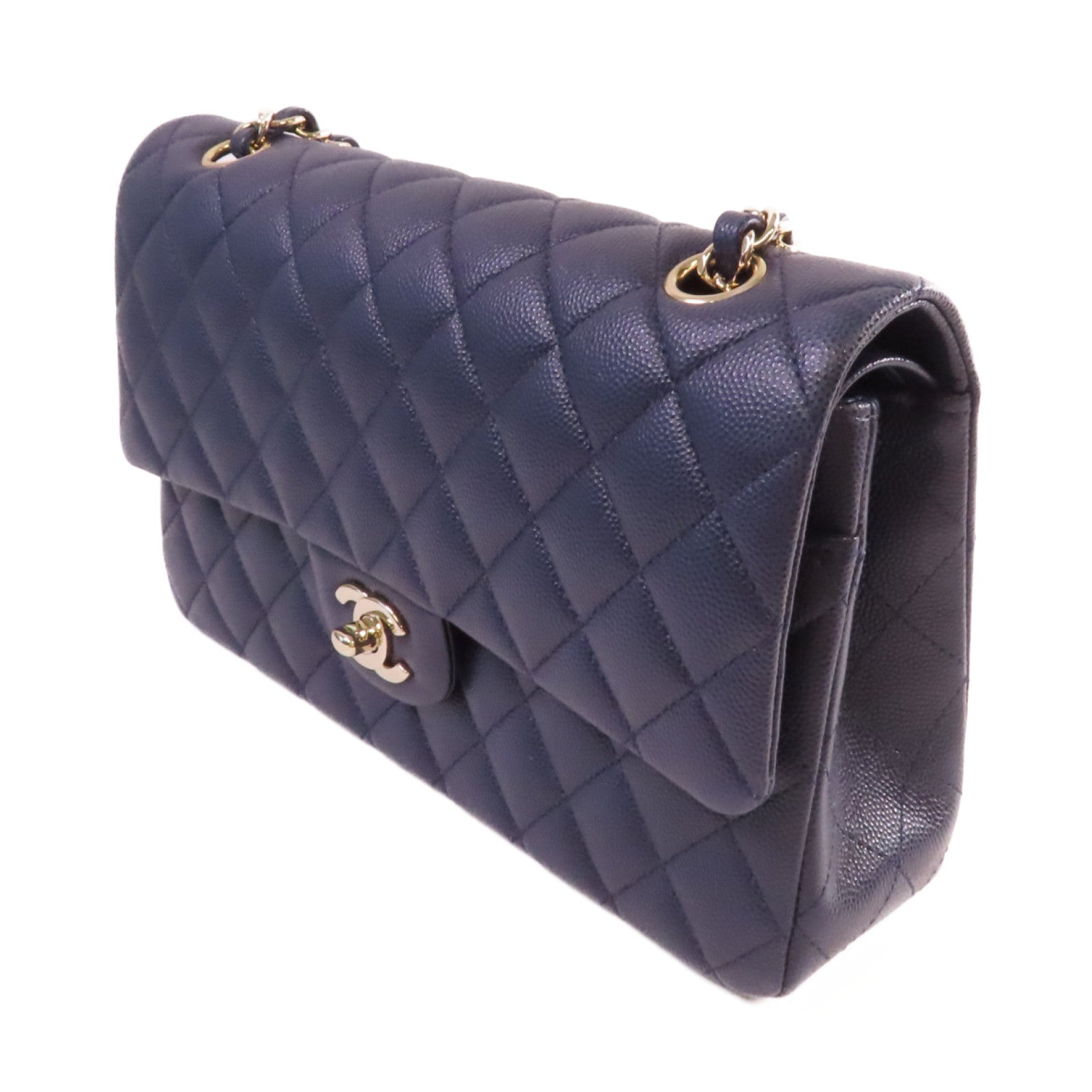 CHANEL 菱格Caviar皮革 Classic Flap 25 Chain Shoulder Bag金扣鏈帶肩背袋寶藍色