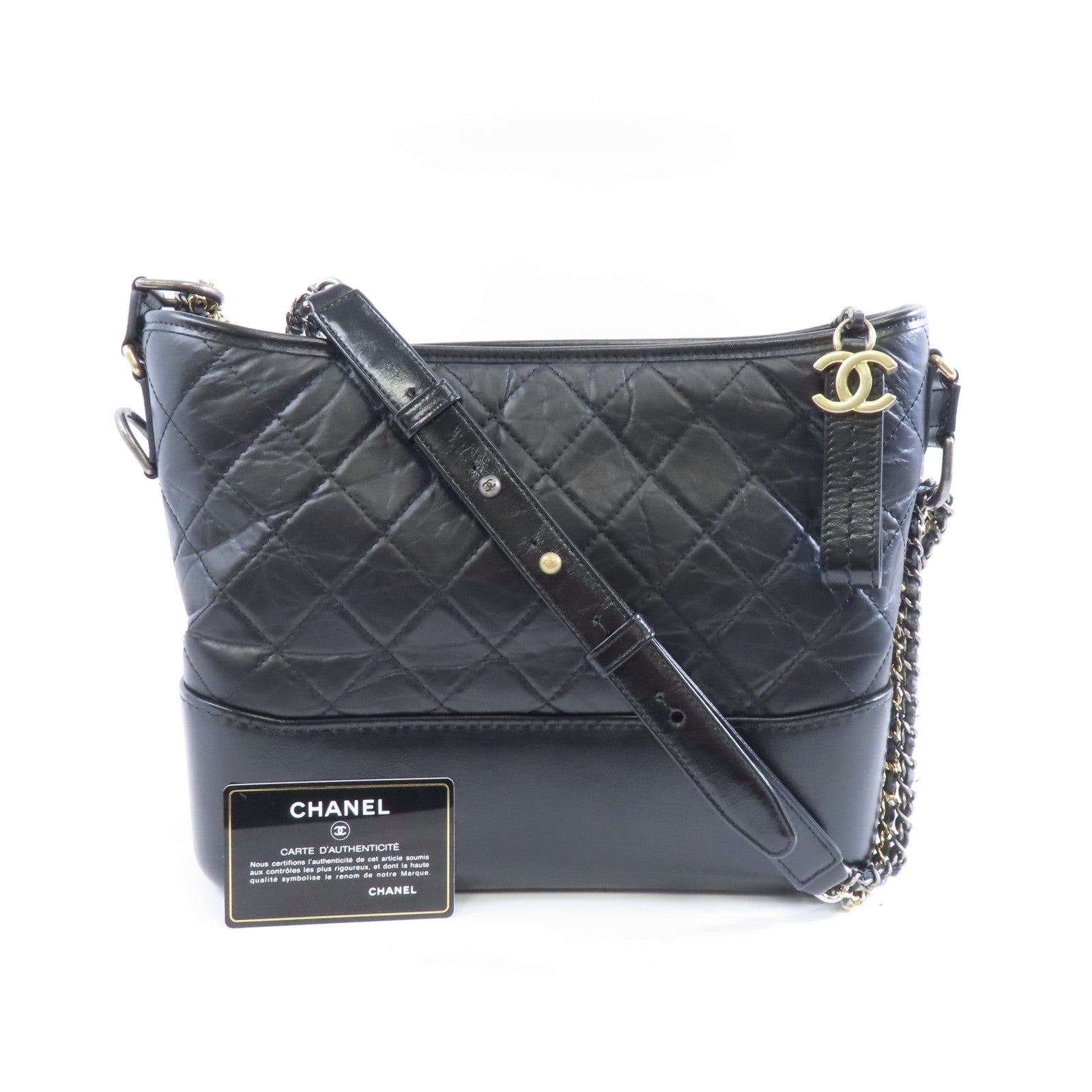 CHANEL 菱格牛皮皮革Gabrielle金扣/銀扣鏈帶肩背袋黑色