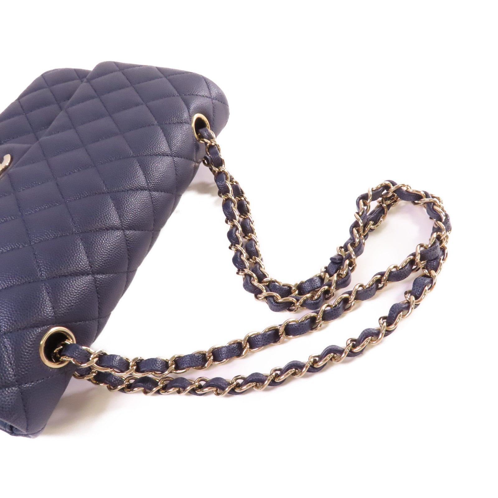 CHANEL 菱格Caviar皮革 Classic Flap 25 Chain Shoulder Bag金扣鏈帶肩背袋寶藍色