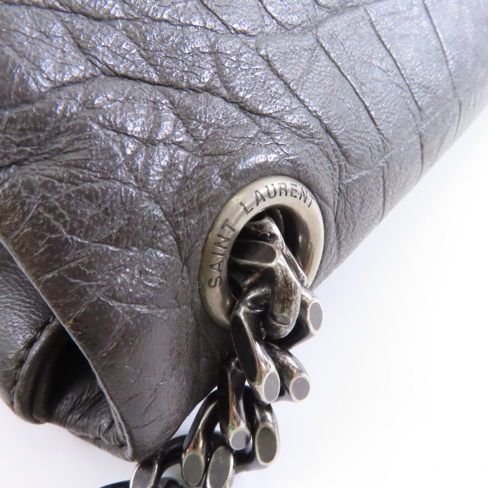 SAINT LAURENT 牛皮皮革Chain Shoulder銀扣鏈帶肩背袋灰色