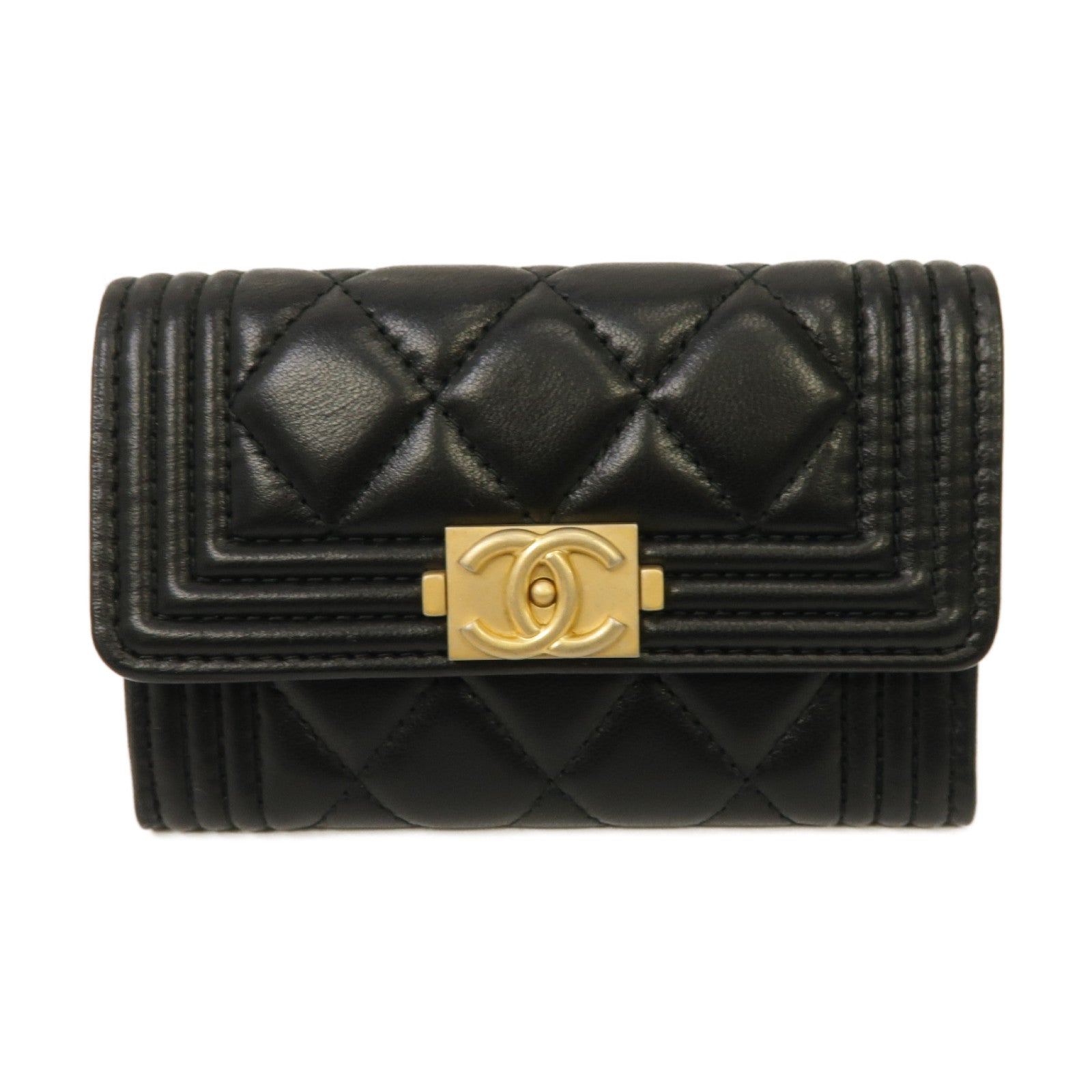 CHANEL 菱格羊皮皮革Boy Card Case金扣卡片套黑色