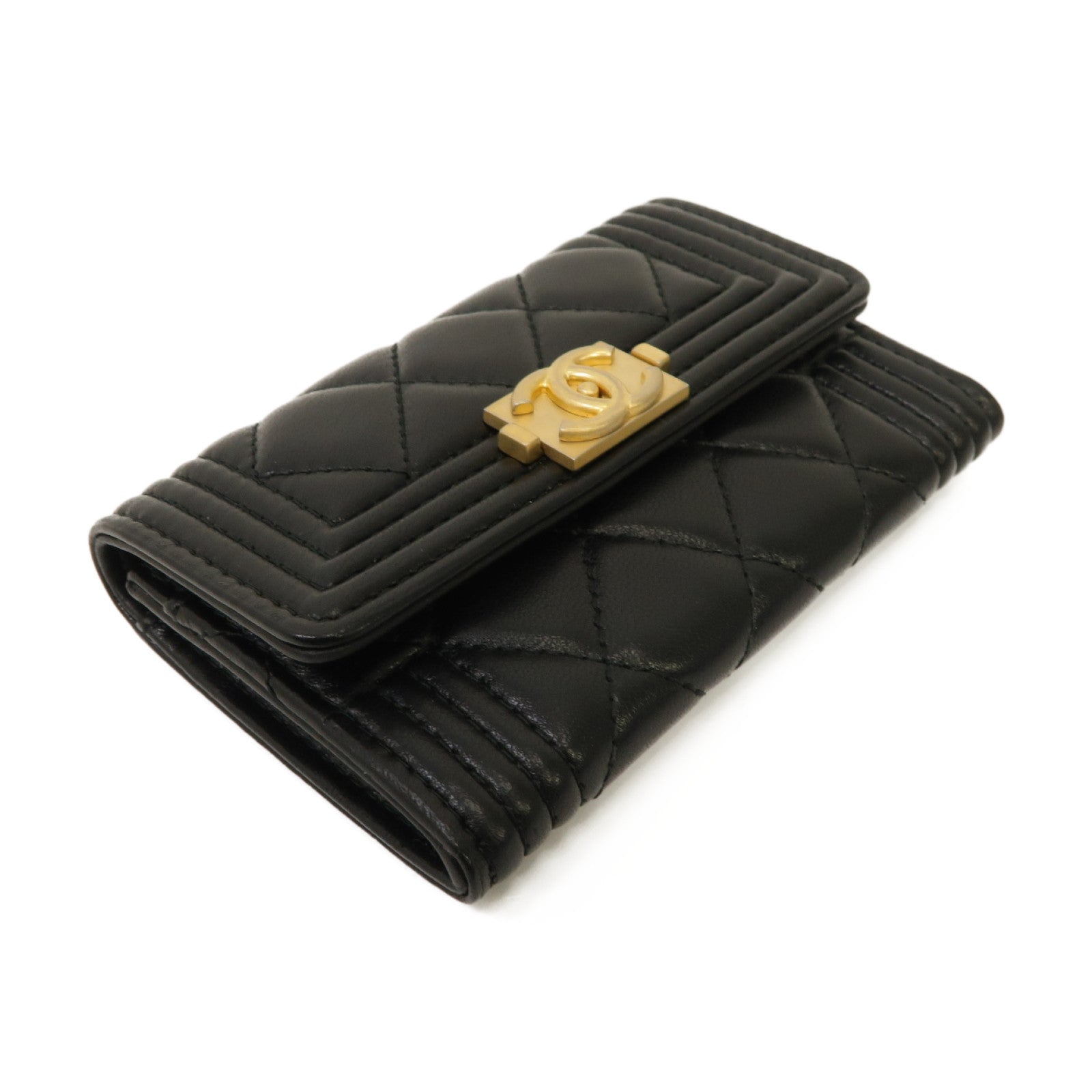 CHANEL 菱格羊皮皮革Boy Card Case金扣卡片套黑色