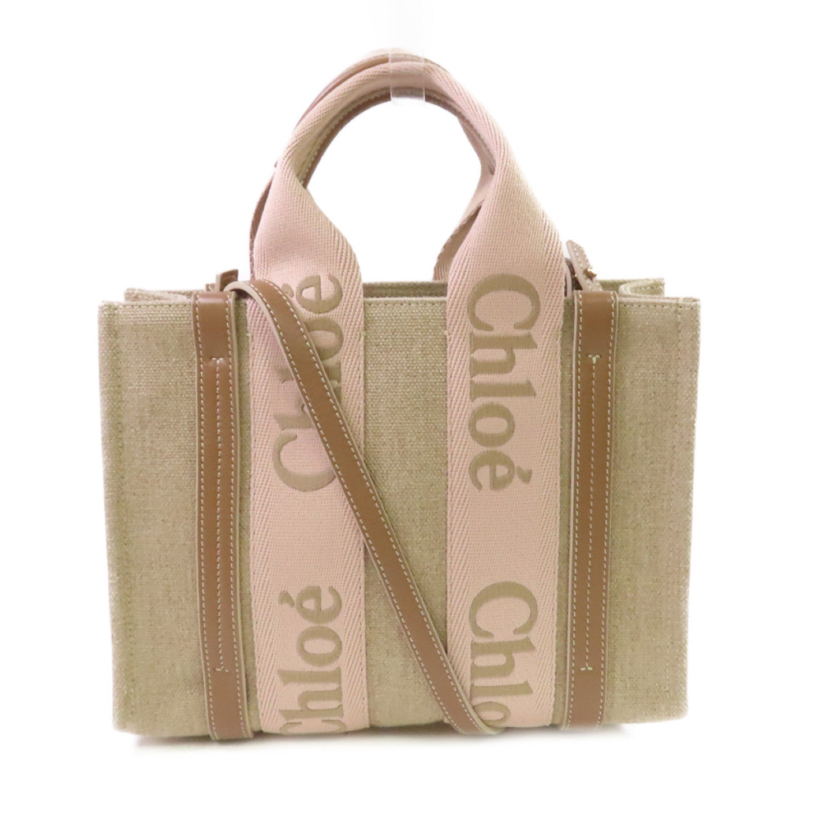 Chloe 帆布Small Woody 2Way Tote Bag手挽肩背兩用袋杏色