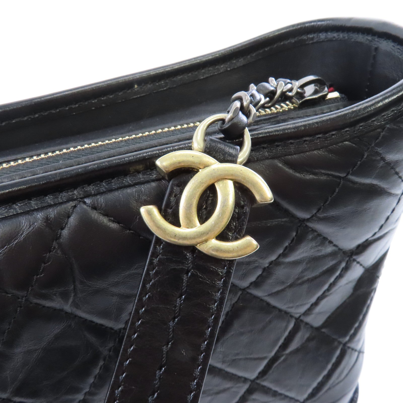 CHANEL 菱格牛皮皮革Gabrielle金扣/銀扣鏈帶肩背袋黑色