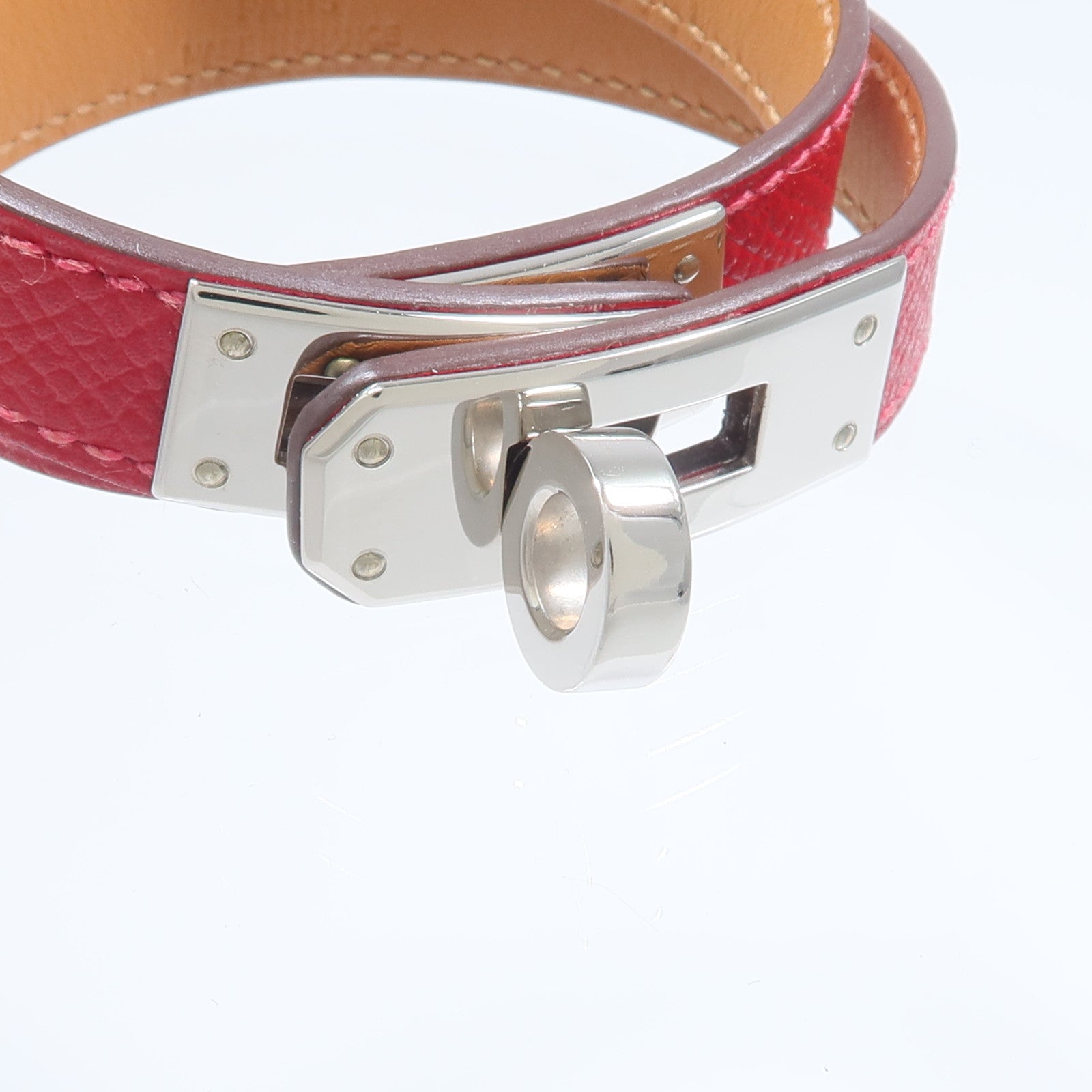 HERMES Epsom皮革/金屬Kelly Double Tour手鏈Rouge