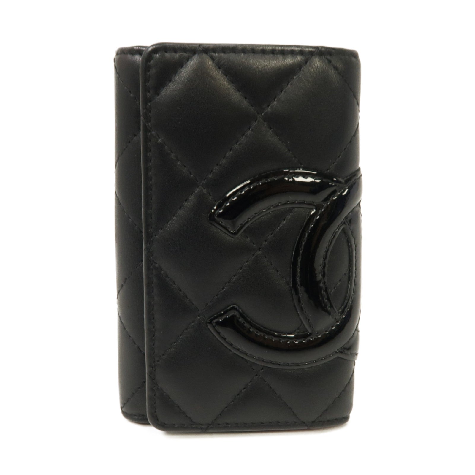 CHANEL 菱格牛皮皮革Cambon Key Case銀扣鎖匙包黑色/粉紅色