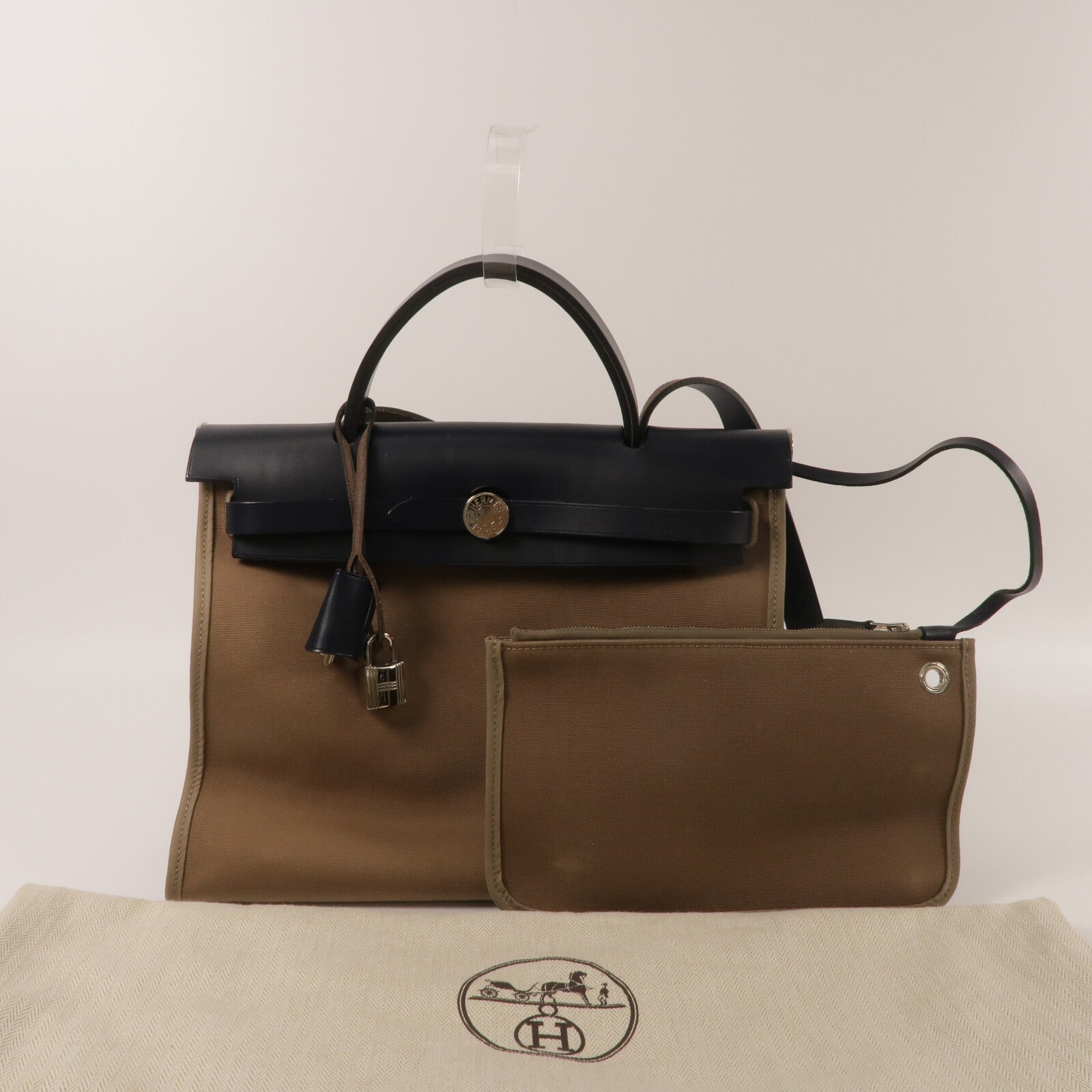 HERMES 帆布/Vache Hunter皮革Herbag PM手挽肩背兩用袋Etoupe/Bleu Indigo