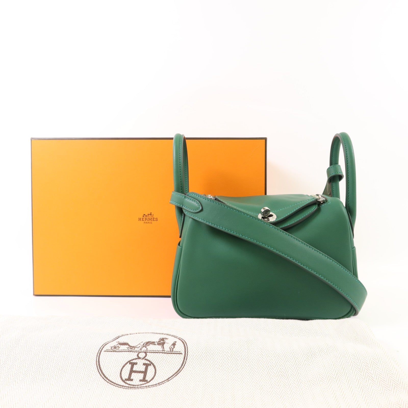 HERMES Swift皮革Mini Lindy銀扣手挽肩背兩用袋Vert Moyen