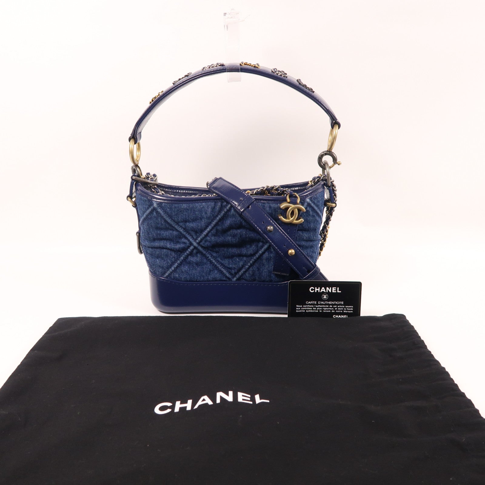 CHANEL 牛仔布/皮革Gabrielle手挽鏈帶肩背兩用袋藍色