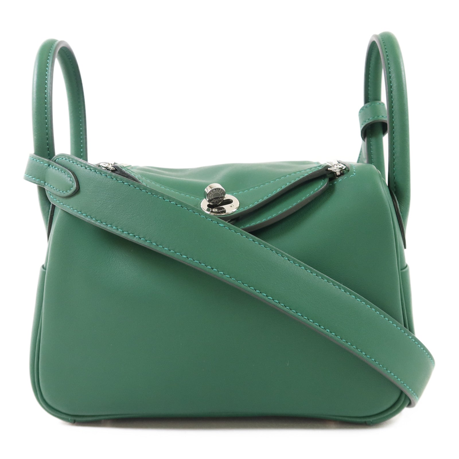 HERMES Swift皮革Mini Lindy銀扣手挽肩背兩用袋Vert Moyen