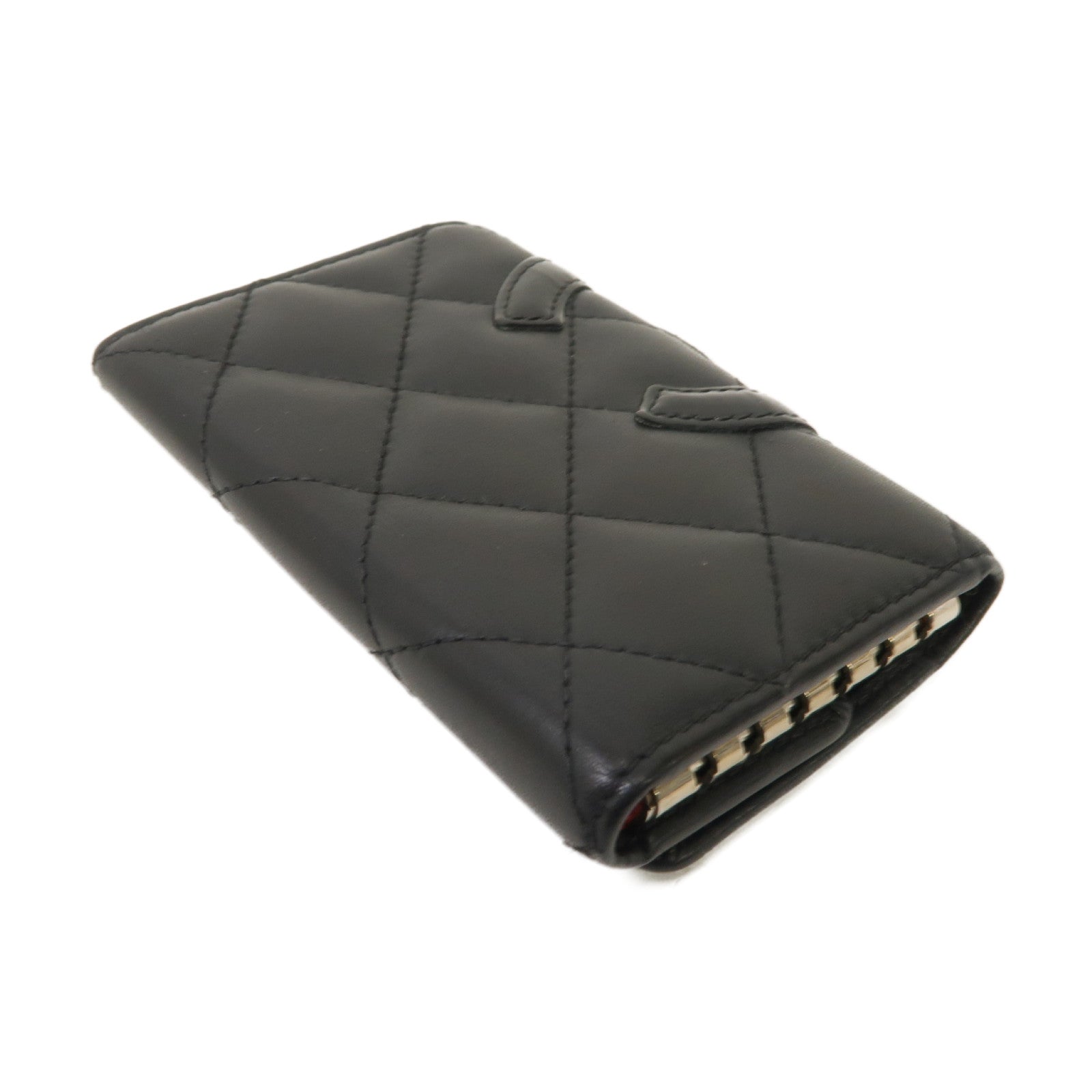 CHANEL 菱格牛皮皮革Cambon Key Case銀扣鎖匙包黑色/粉紅色
