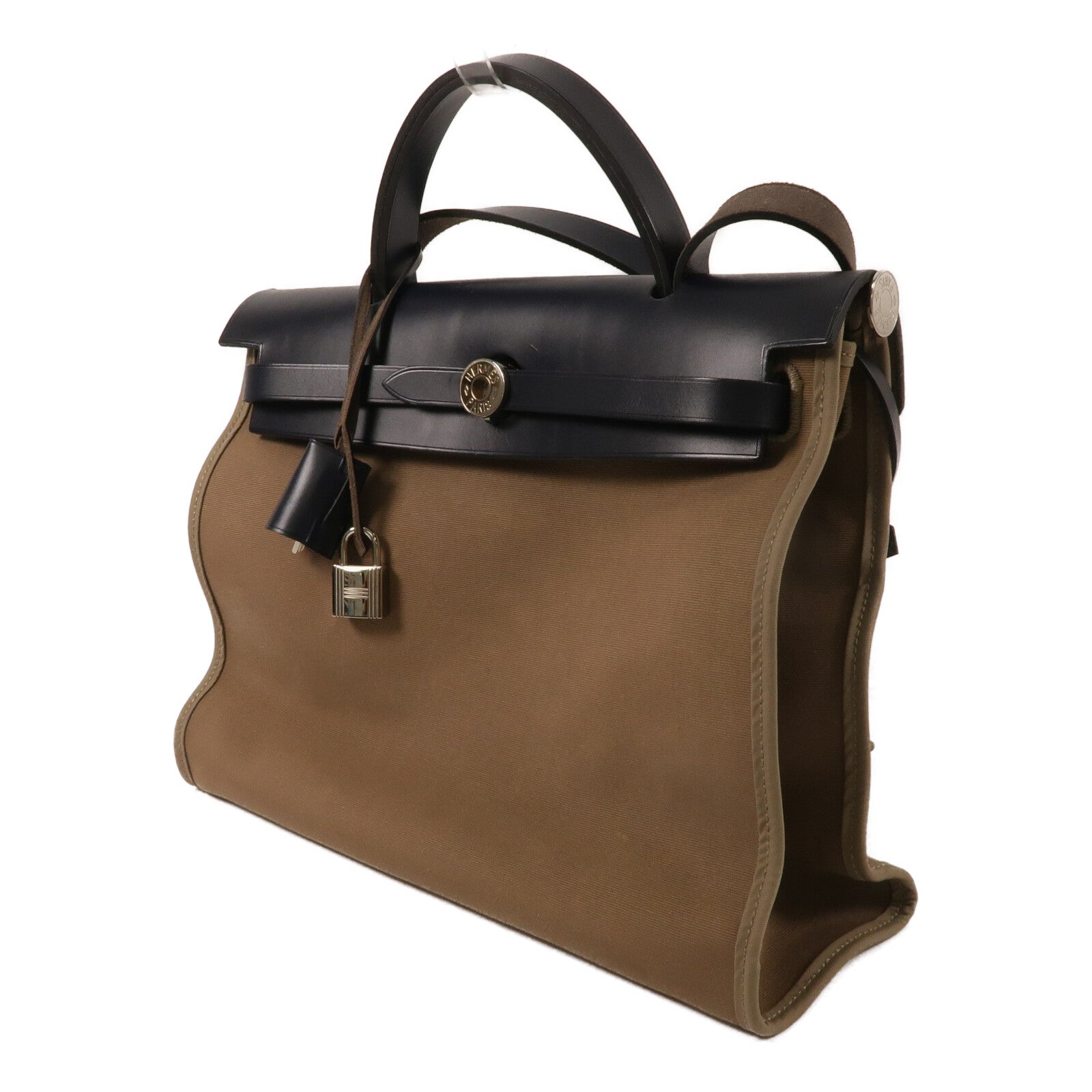 HERMES 帆布/Vache Hunter皮革Herbag PM手挽肩背兩用袋Etoupe/Bleu Indigo