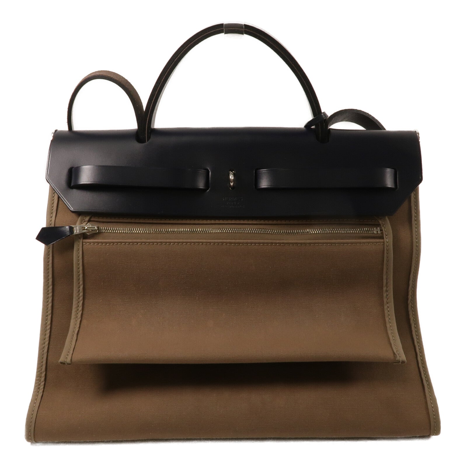 HERMES 帆布/Vache Hunter皮革Herbag PM手挽肩背兩用袋Etoupe/Bleu Indigo