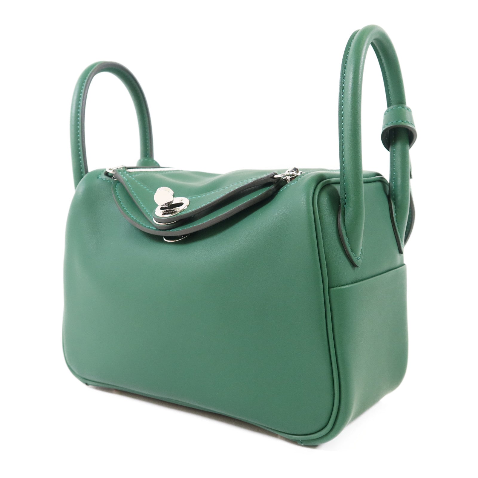 HERMES Swift皮革Mini Lindy銀扣手挽肩背兩用袋Vert Moyen