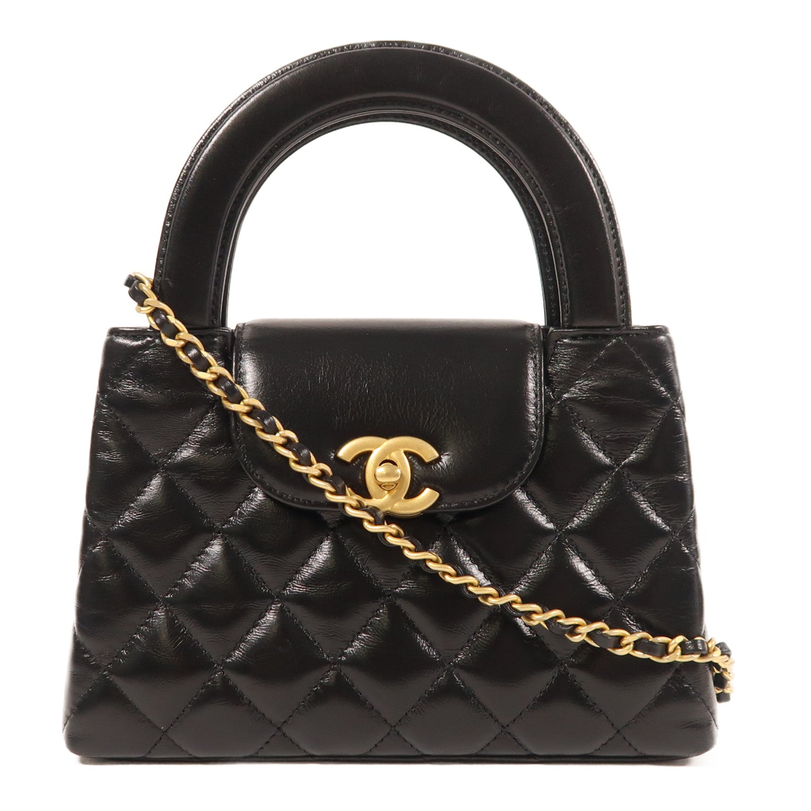 CHANEL 牛皮皮革Kelly Shiny Crumpled Mini金扣手挽肩背兩用袋