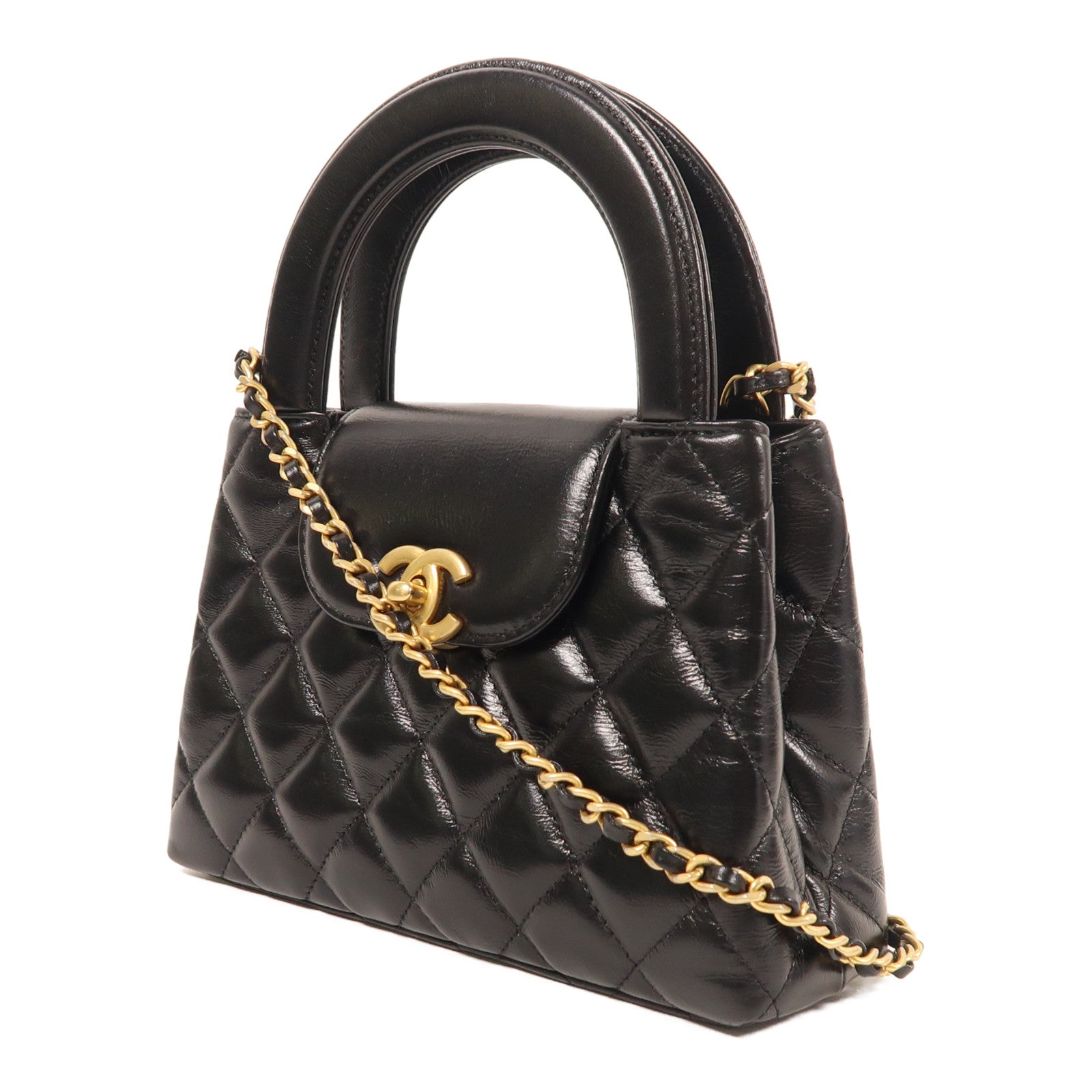 CHANEL 牛皮皮革Kelly Shiny Crumpled Mini金扣手挽肩背兩用袋