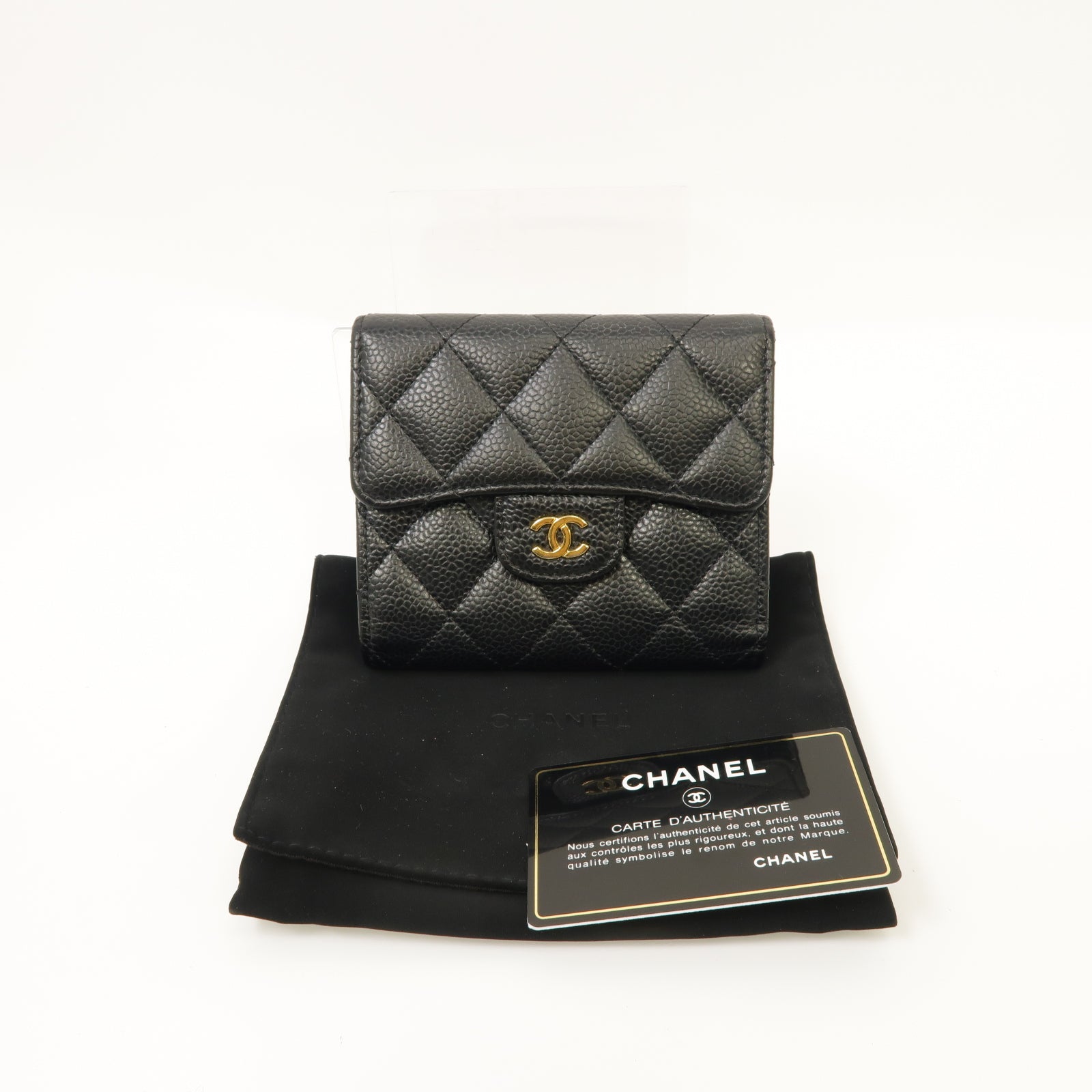 CHANEL 菱格Caviar皮革Classic Small Flap Wallet金扣錢包黑色