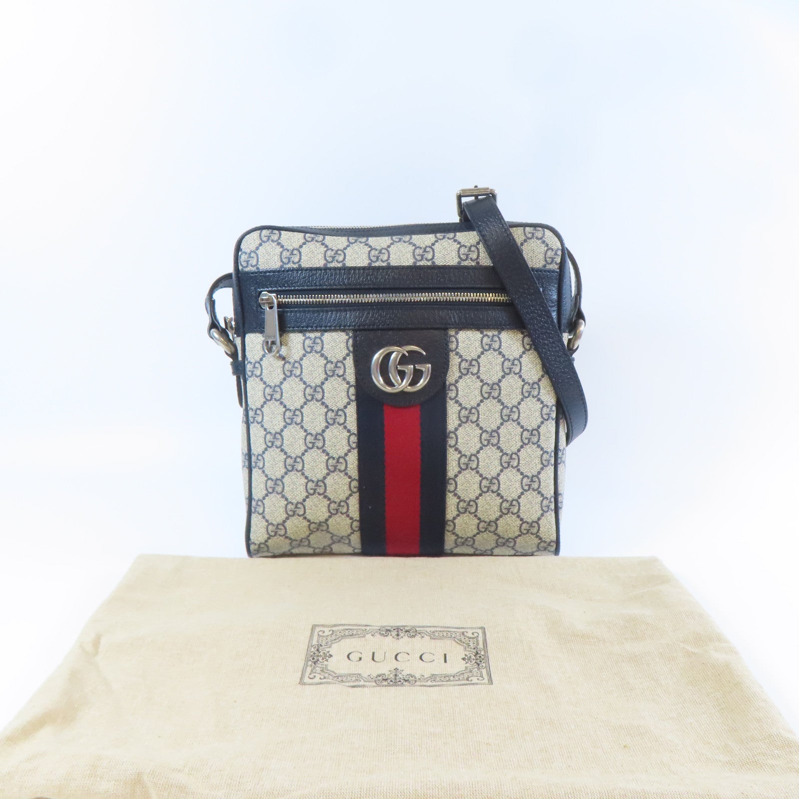 GUCCI 塗層帆布Shoulder Bag銀扣肩背袋啡色/深藍色