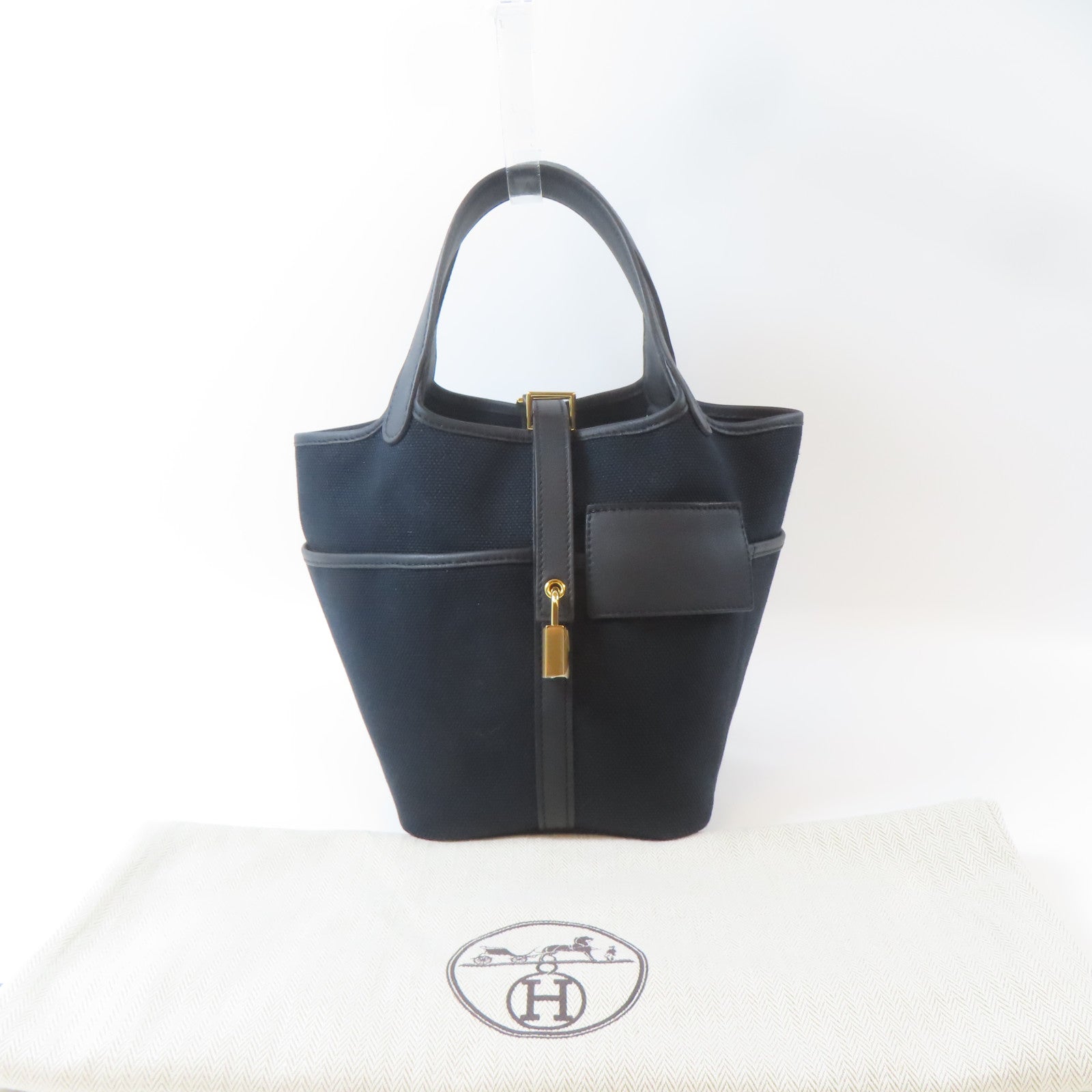 HERMES 帆布Picotin Cargo PM金扣手挽袋Noir/黑色