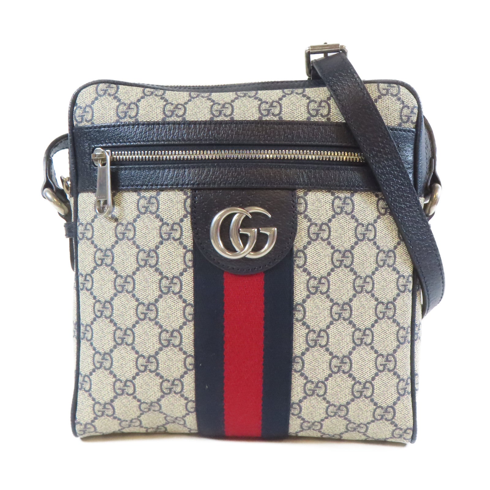 GUCCI 塗層帆布Shoulder Bag銀扣肩背袋啡色/深藍色