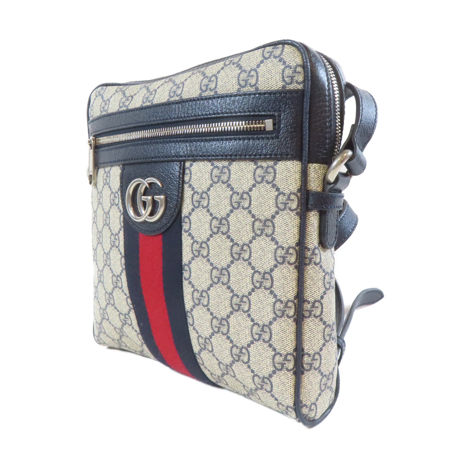 GUCCI 塗層帆布Shoulder Bag銀扣肩背袋啡色/深藍色