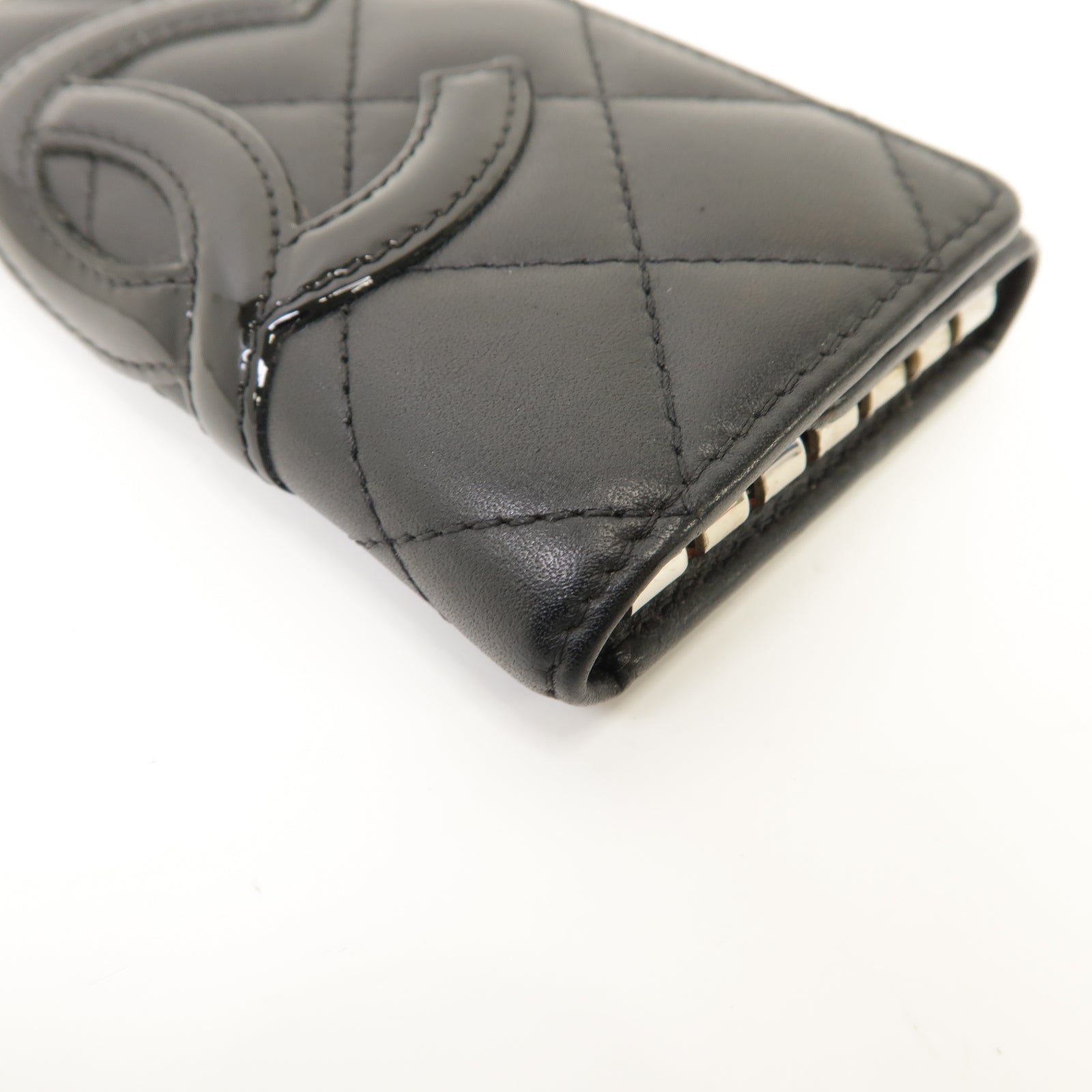 CHANEL 菱格牛皮皮革Cambon Key Case銀扣鎖匙包黑色/粉紅色