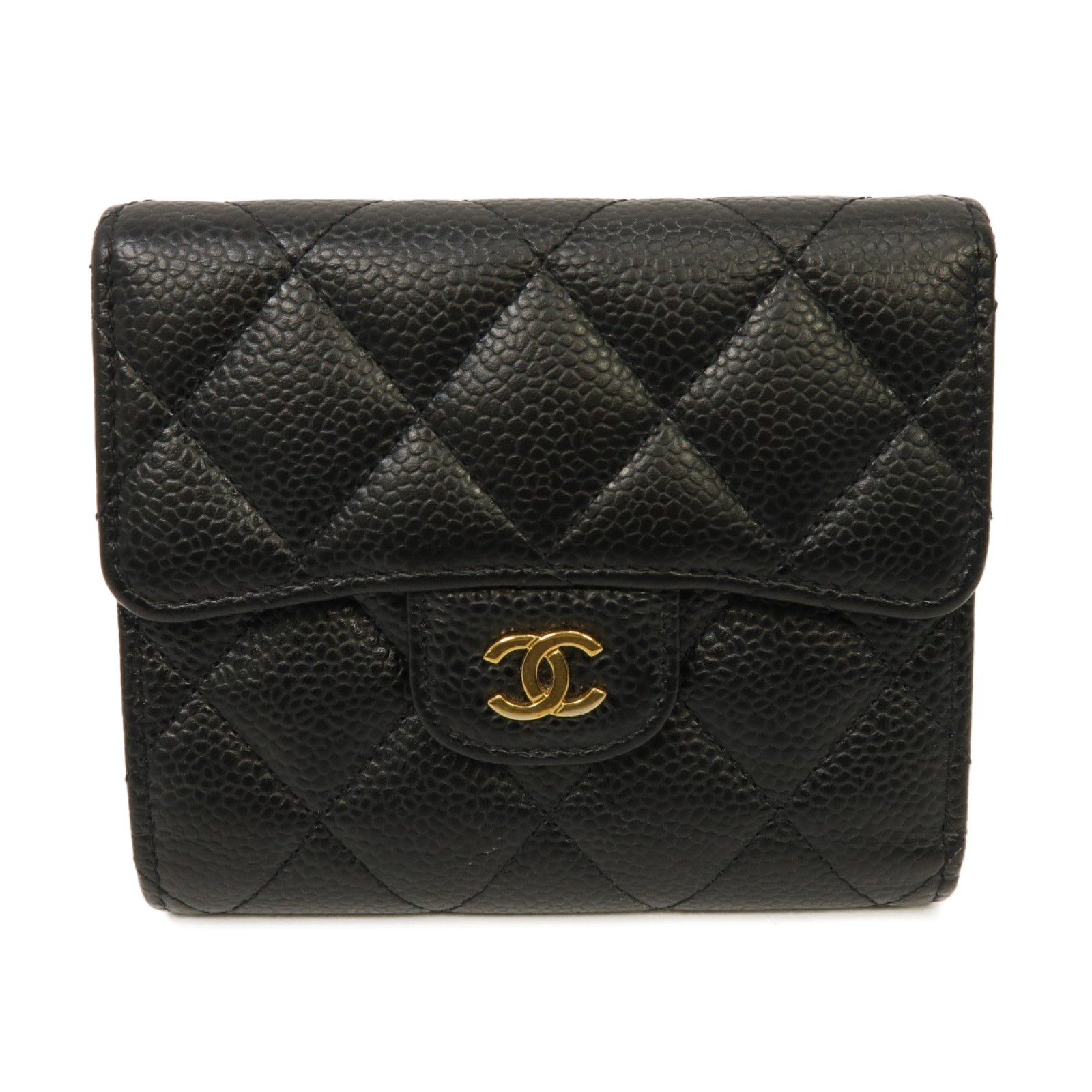 CHANEL 菱格Caviar皮革Classic Small Flap Wallet金扣錢包黑色