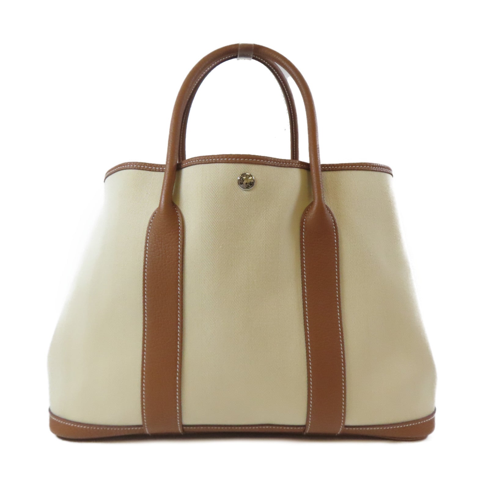 HERMES 帆布Garden Party PM銀扣手挽袋Gold/啡色