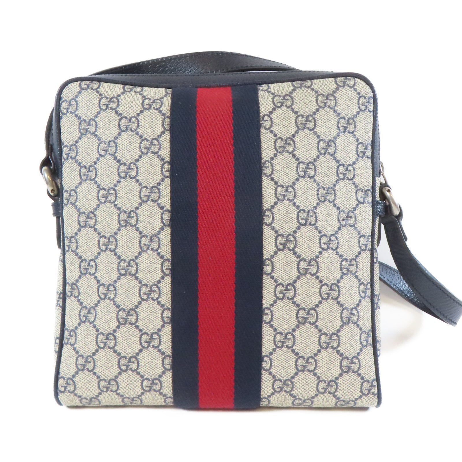 GUCCI 塗層帆布Shoulder Bag銀扣肩背袋啡色/深藍色