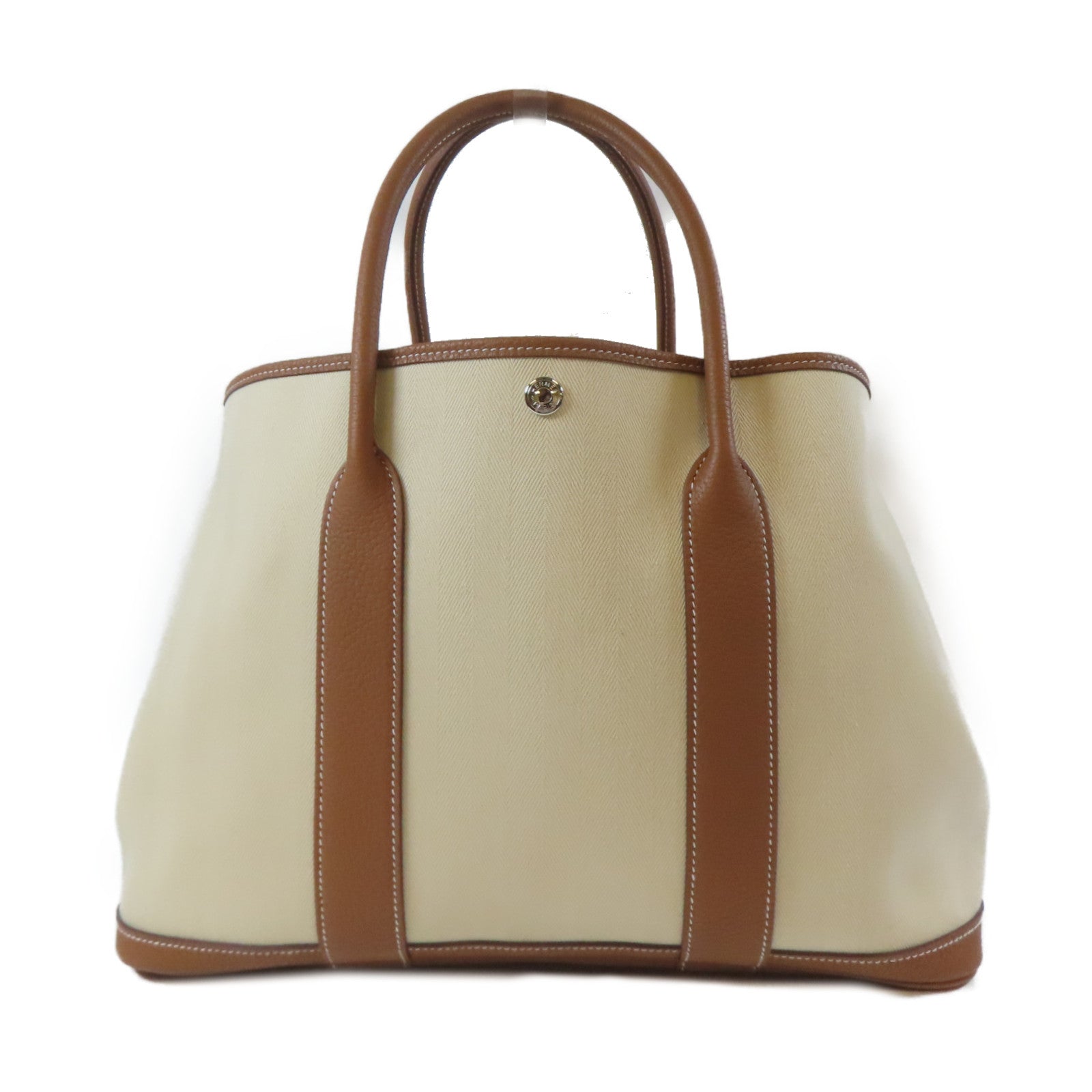 HERMES 帆布Garden Party PM銀扣手挽袋Gold/啡色