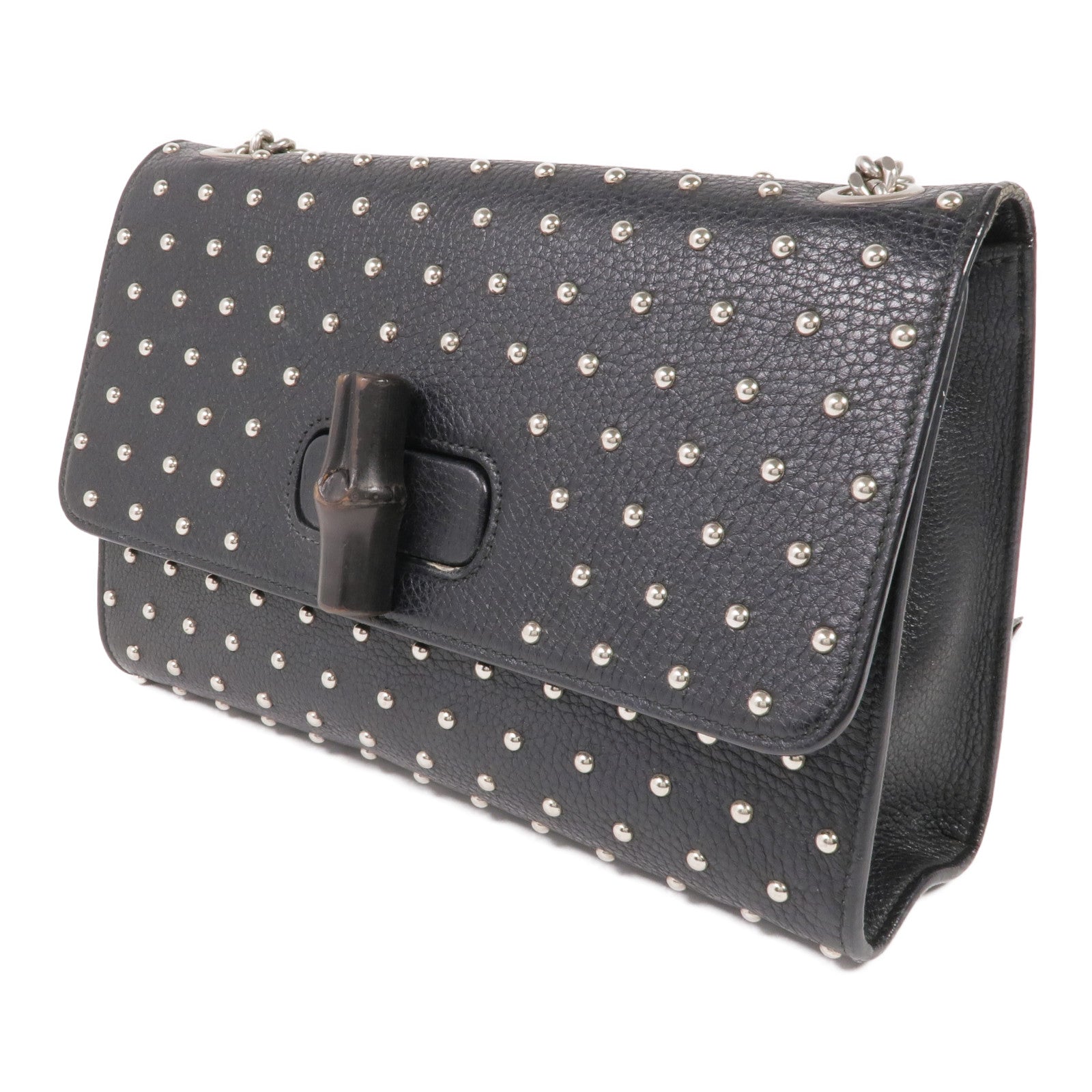GUCCI 牛皮皮革Stud Bamboo Shoulder Bag銀扣鏈帶肩背袋