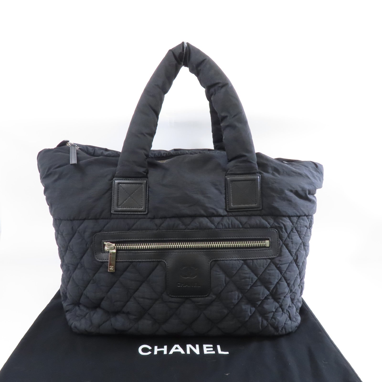 CHANEL 菱格尼龍Coco Cocoon銀扣手挽袋/肩背袋黑色